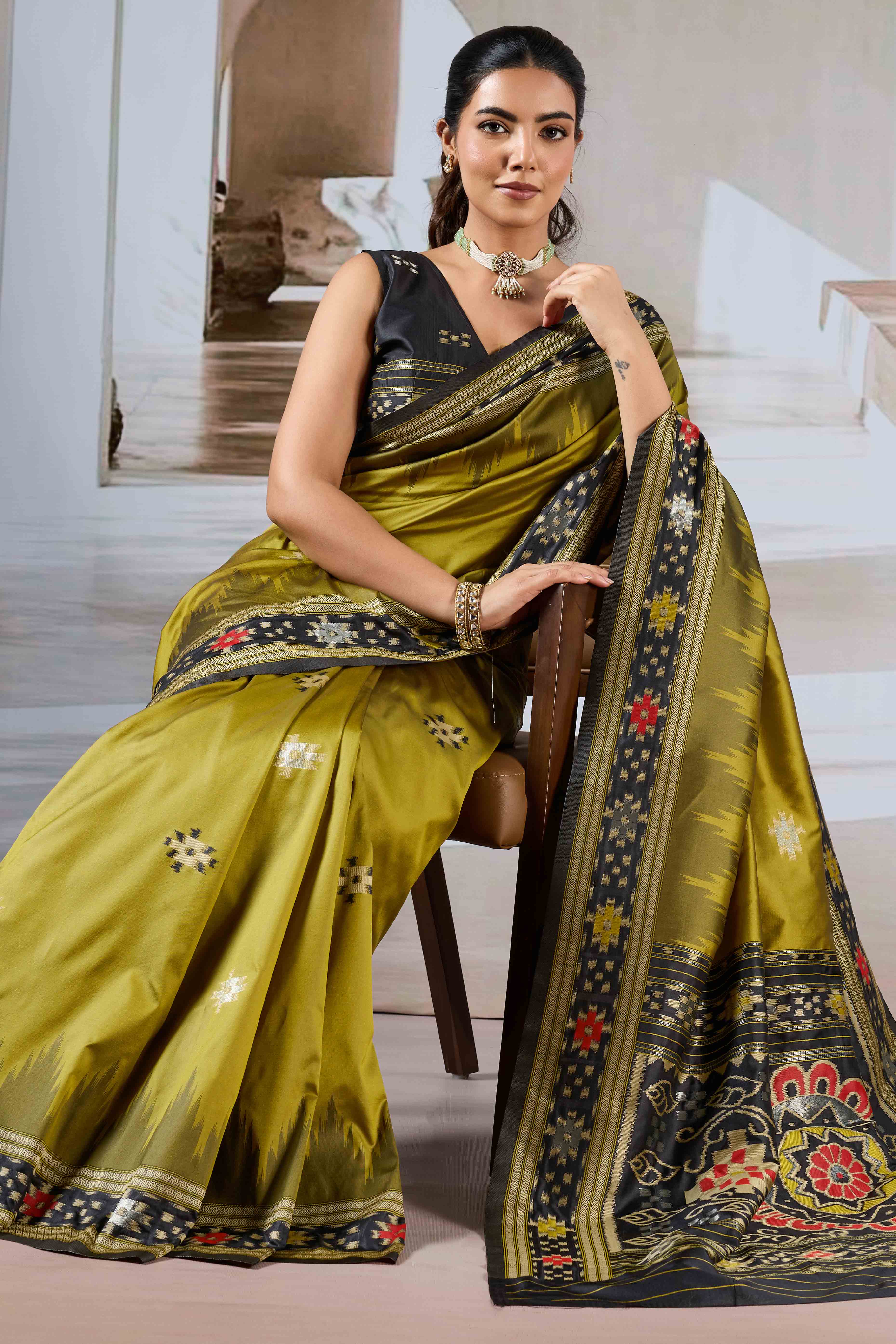 Olive Art Silk Saree Adorned with Intricate Patola Style Woven Designs - Image 4