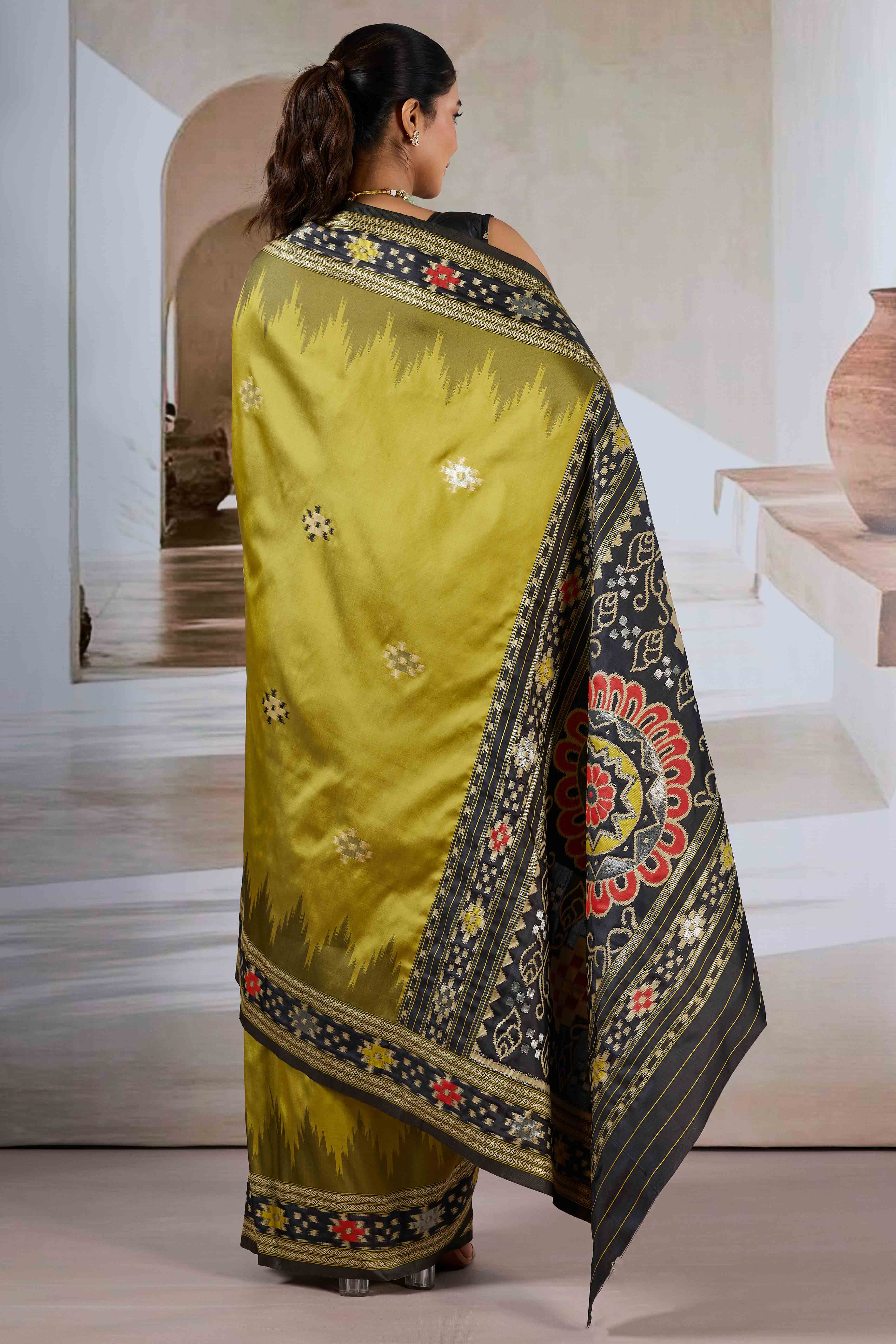 Olive Art Silk Saree Adorned with Intricate Patola Style Woven Designs - Image 5