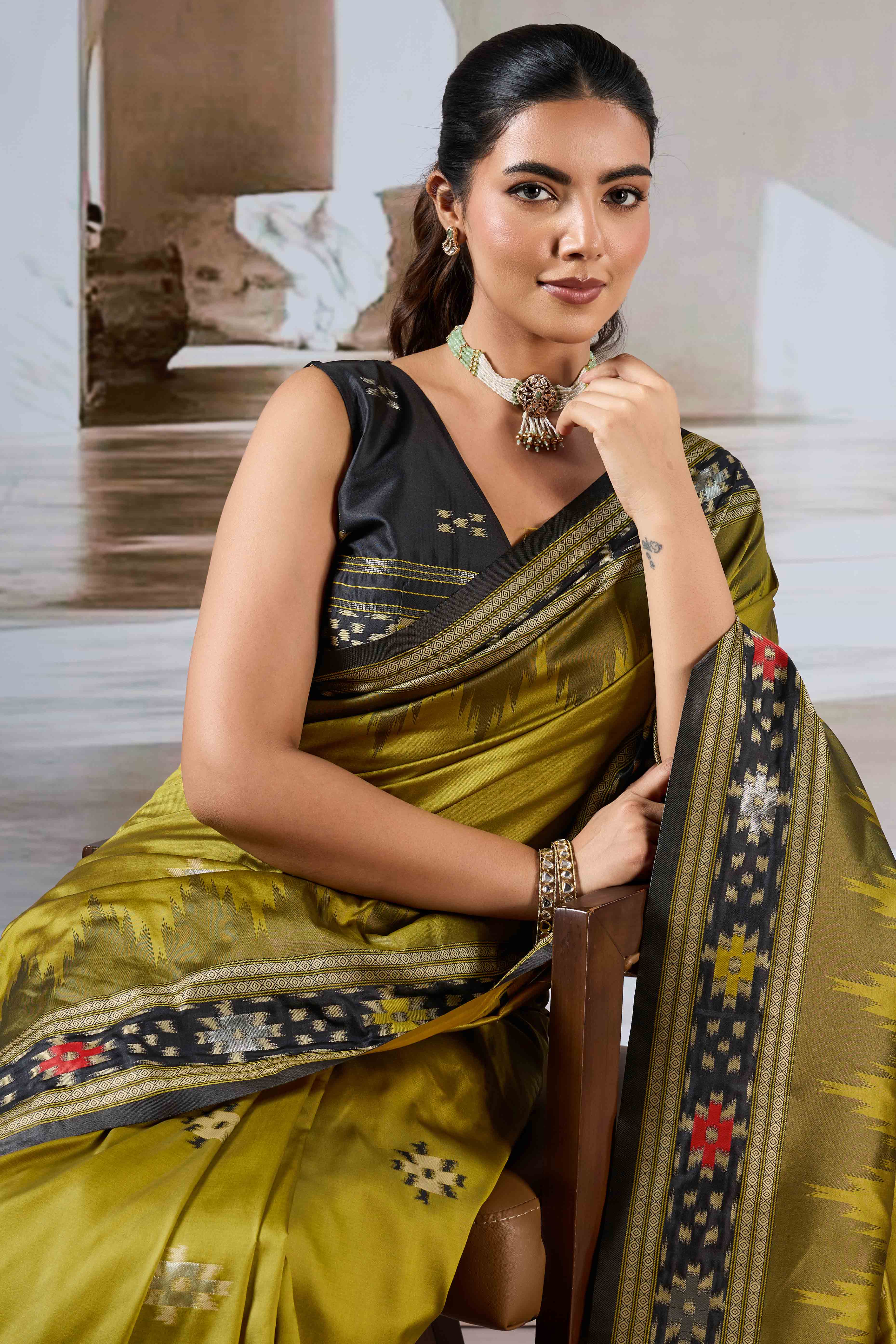 Olive Art Silk Saree Adorned with Intricate Patola Style Woven Designs - Image 6
