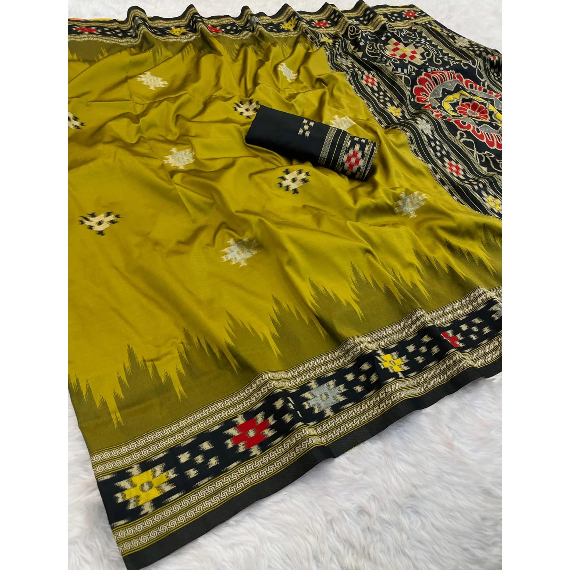 Olive Art Silk Saree Adorned with Intricate Patola Style Woven Designs - Image 8