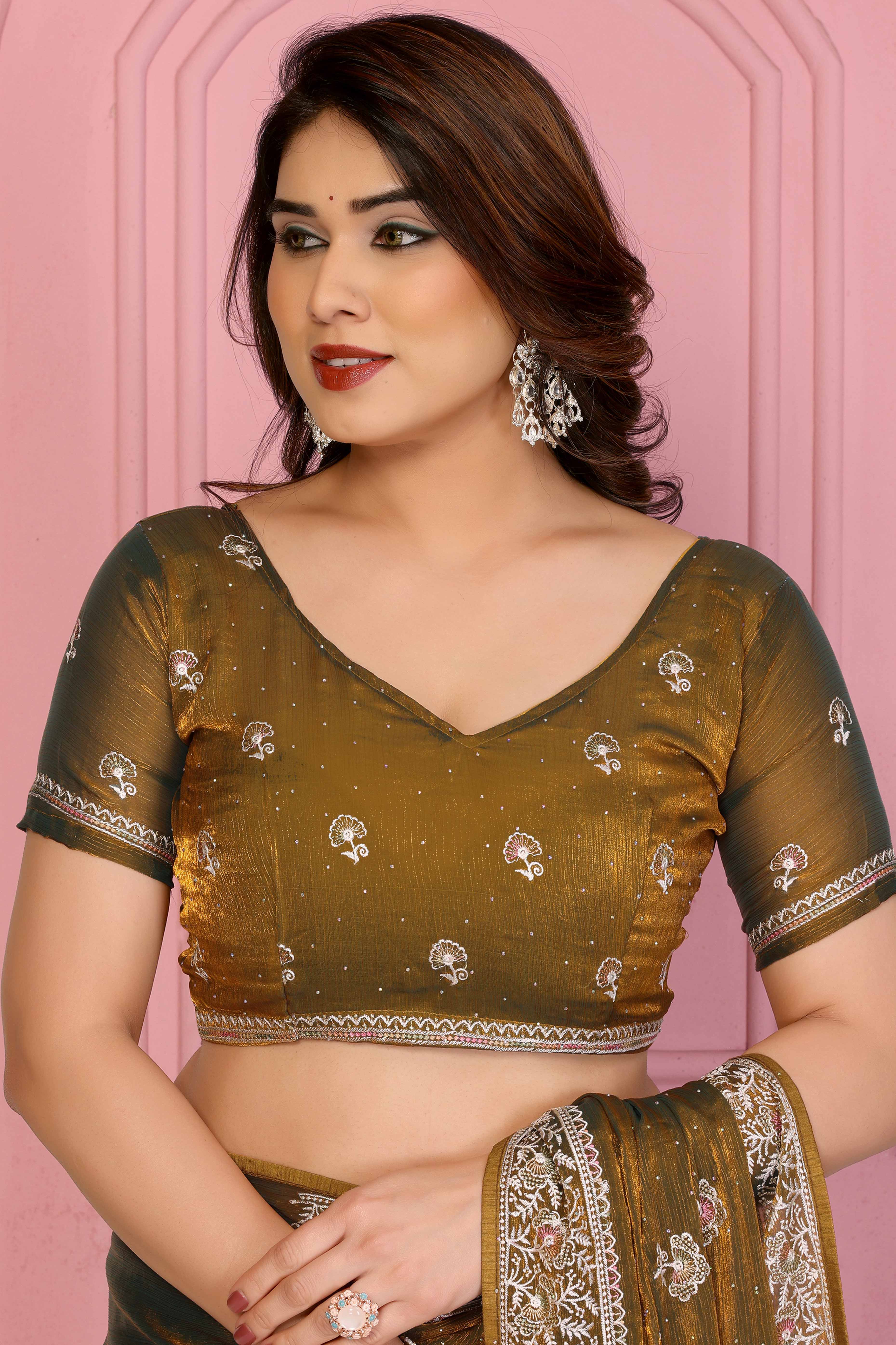 Olive Chiffon Saree with Intricate Embroidery and Floral Patterns - Image 6
