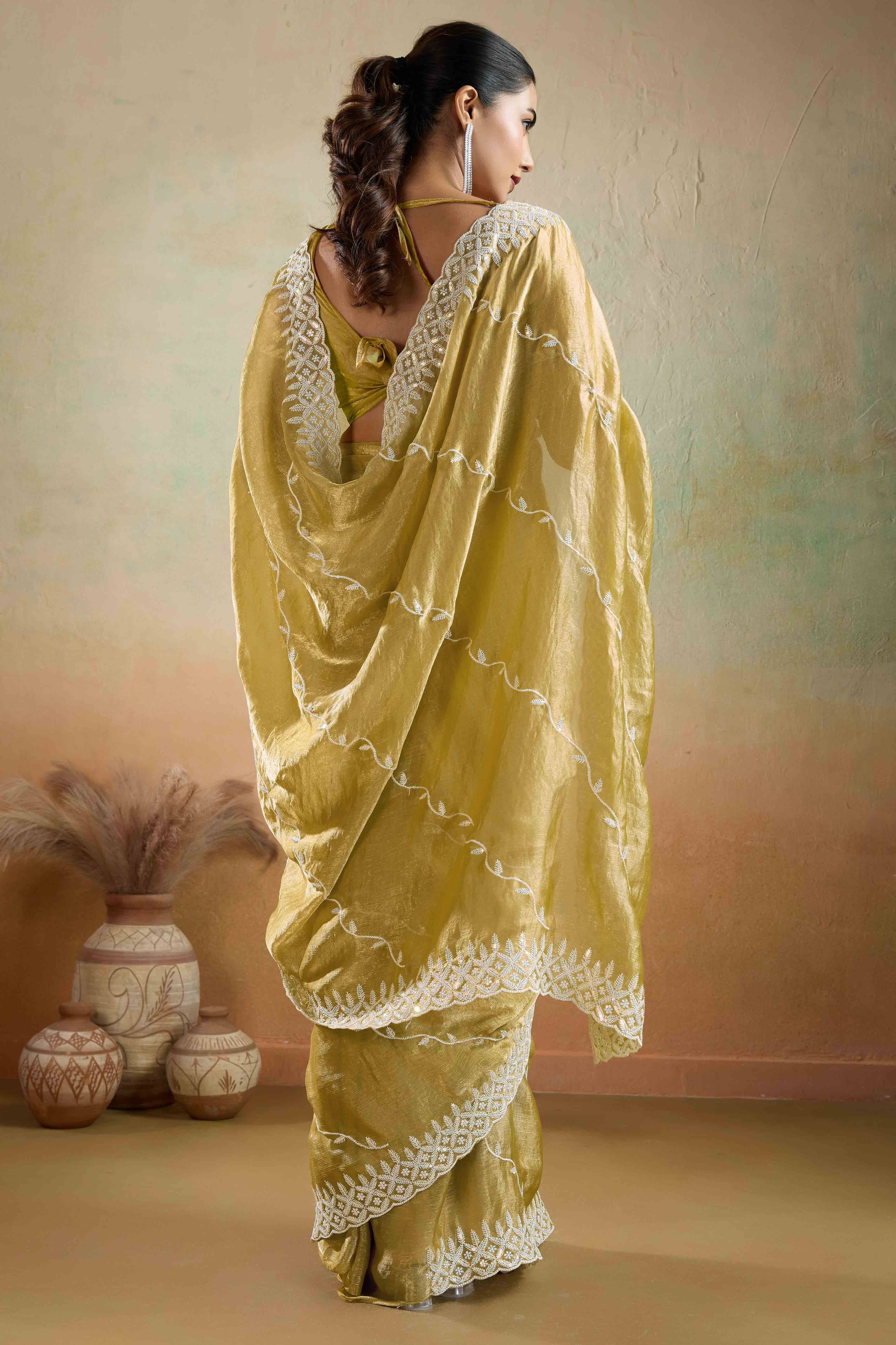 Olive Chiffon Saree with Rich Velvet Accents & Thread Detailing - Image 3