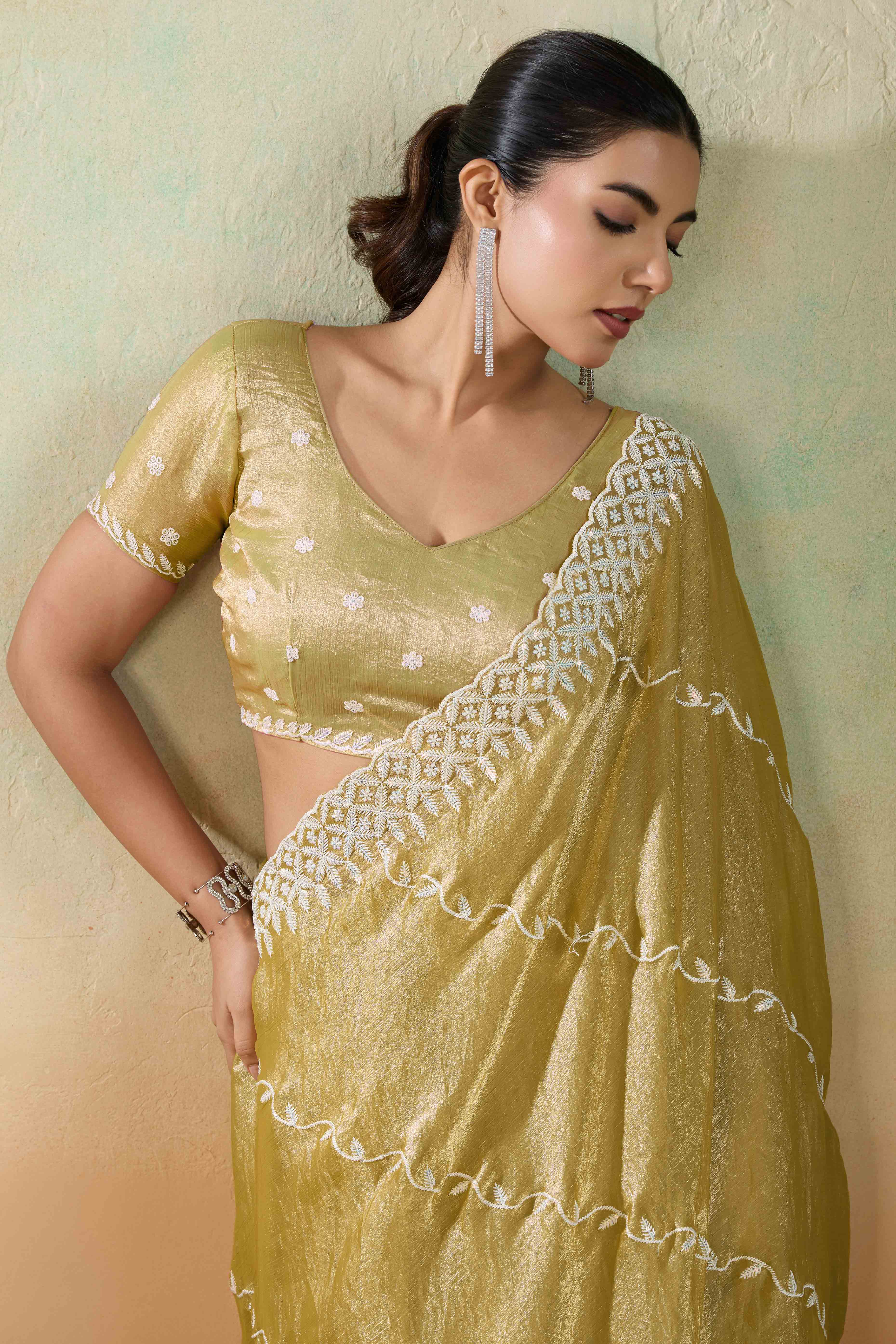 Olive Chiffon Saree with Rich Velvet Accents & Thread Detailing - Image 4