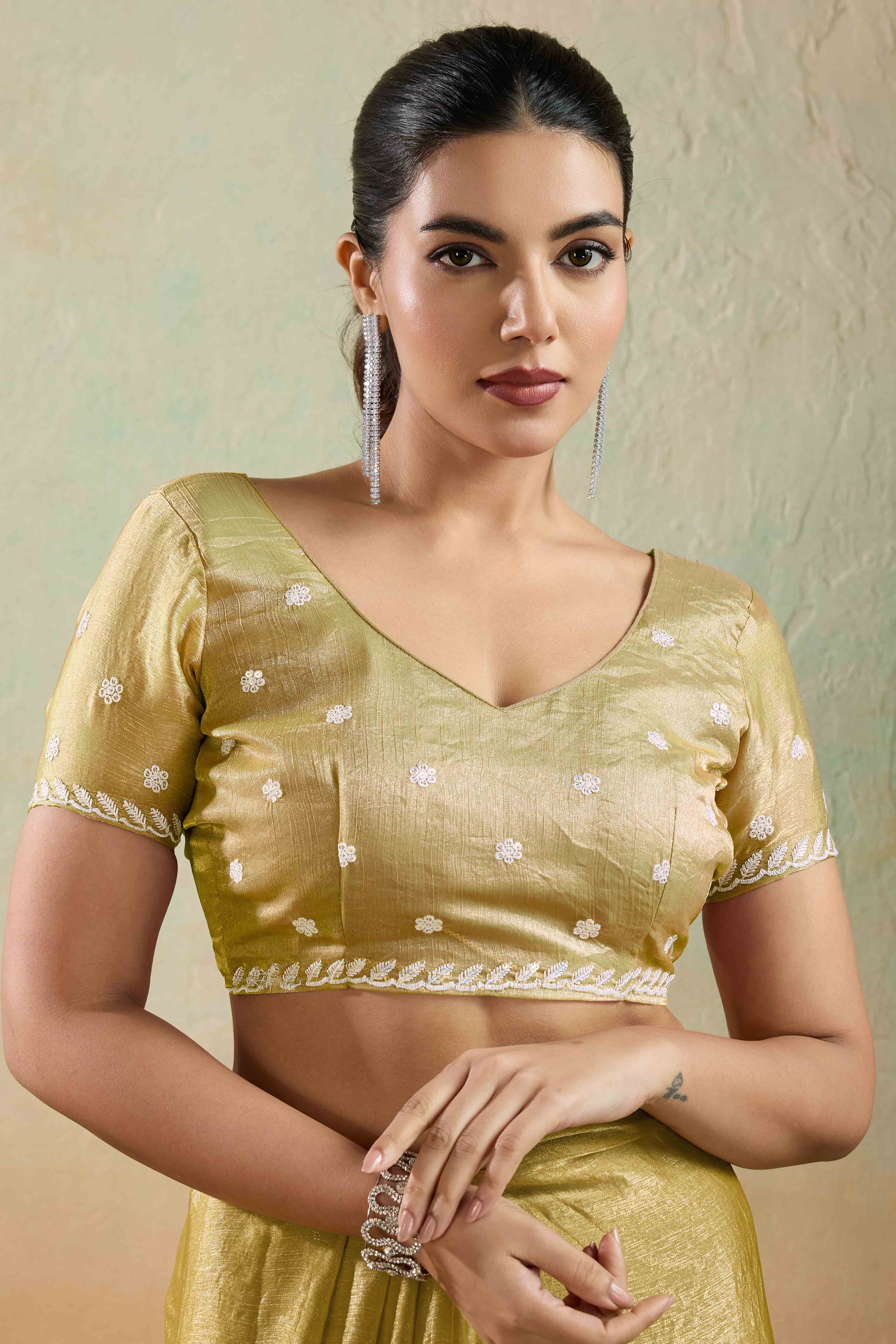 Olive Chiffon Saree with Rich Velvet Accents & Thread Detailing - Image 5