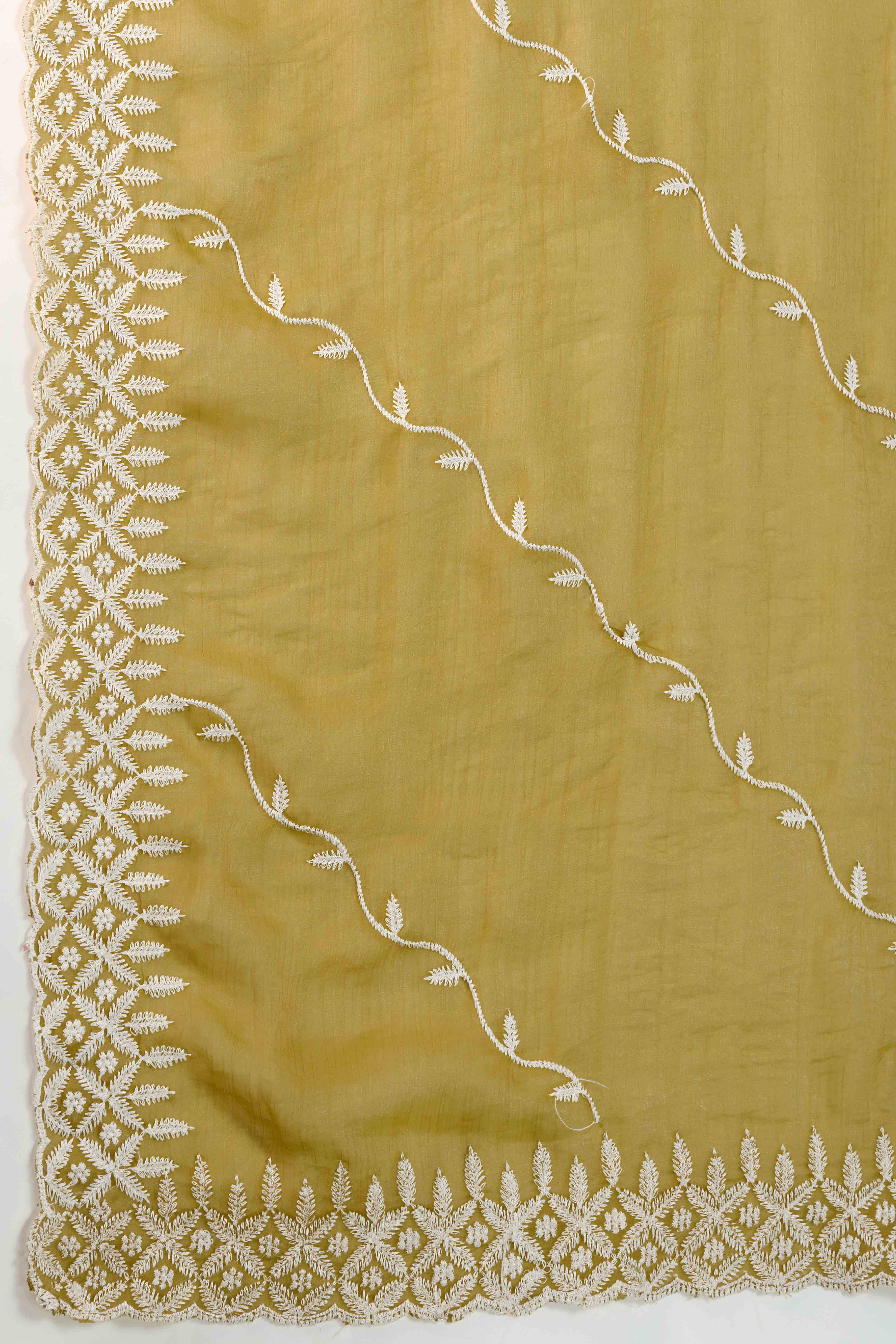Olive Chiffon Saree with Rich Velvet Accents & Thread Detailing - Image 6
