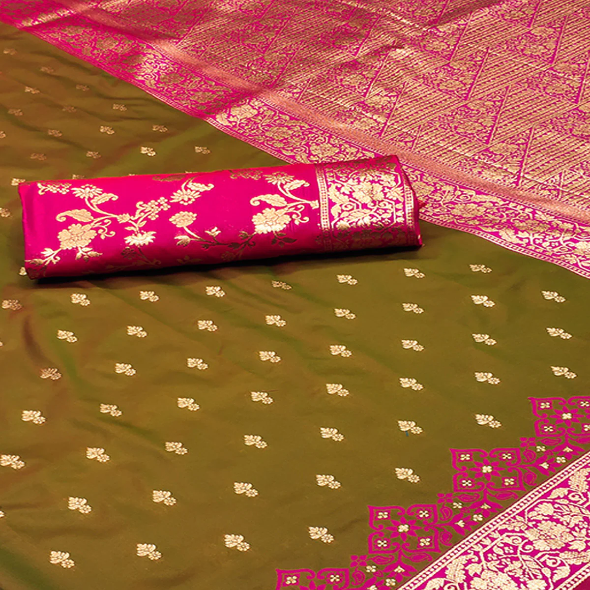 Olive Cotton Silk Saree with Intricate Zari Weaving - Image 2