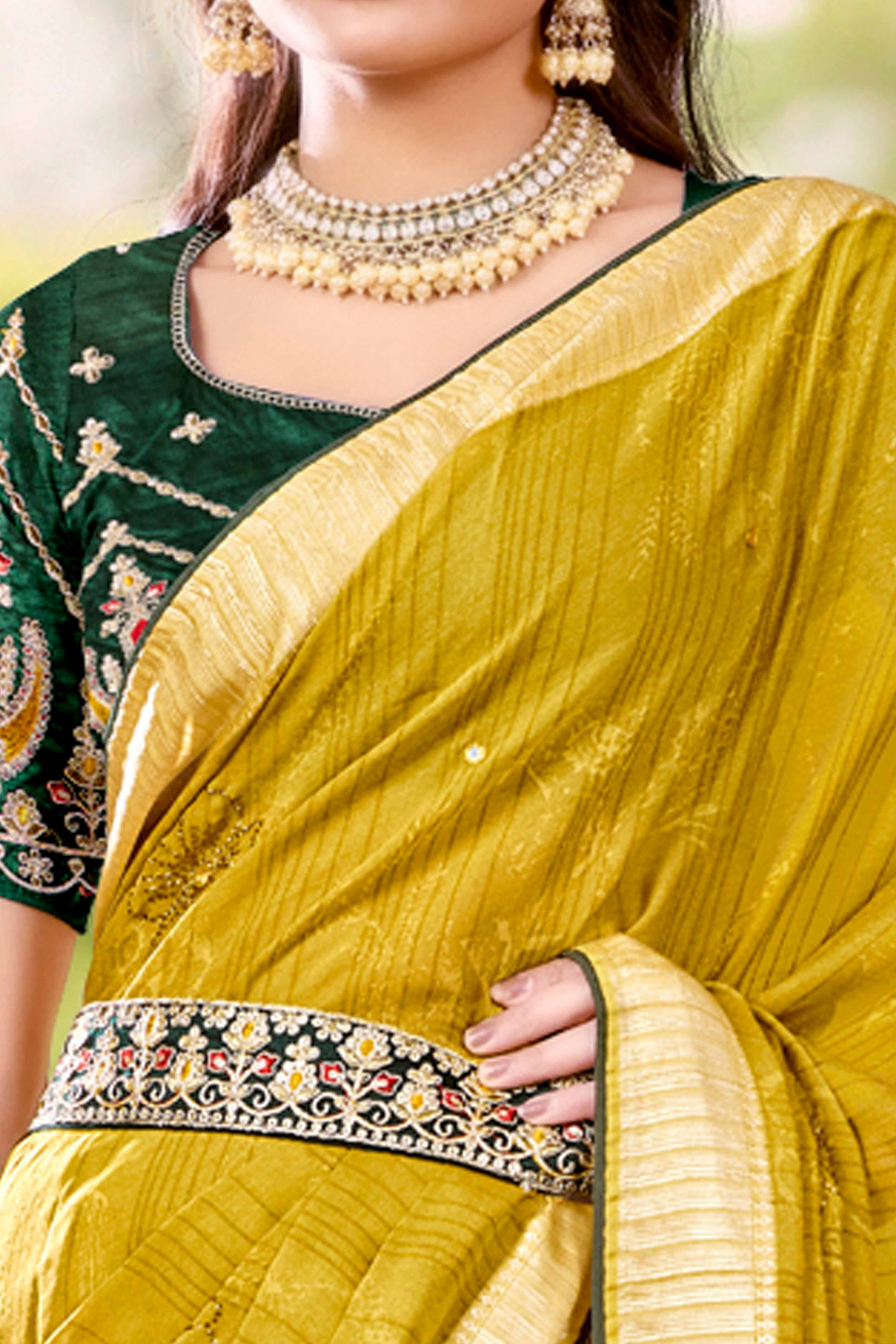 Olive Crepe Saree with Exquisite Stone Work and Viscose Border Finish - Image 2