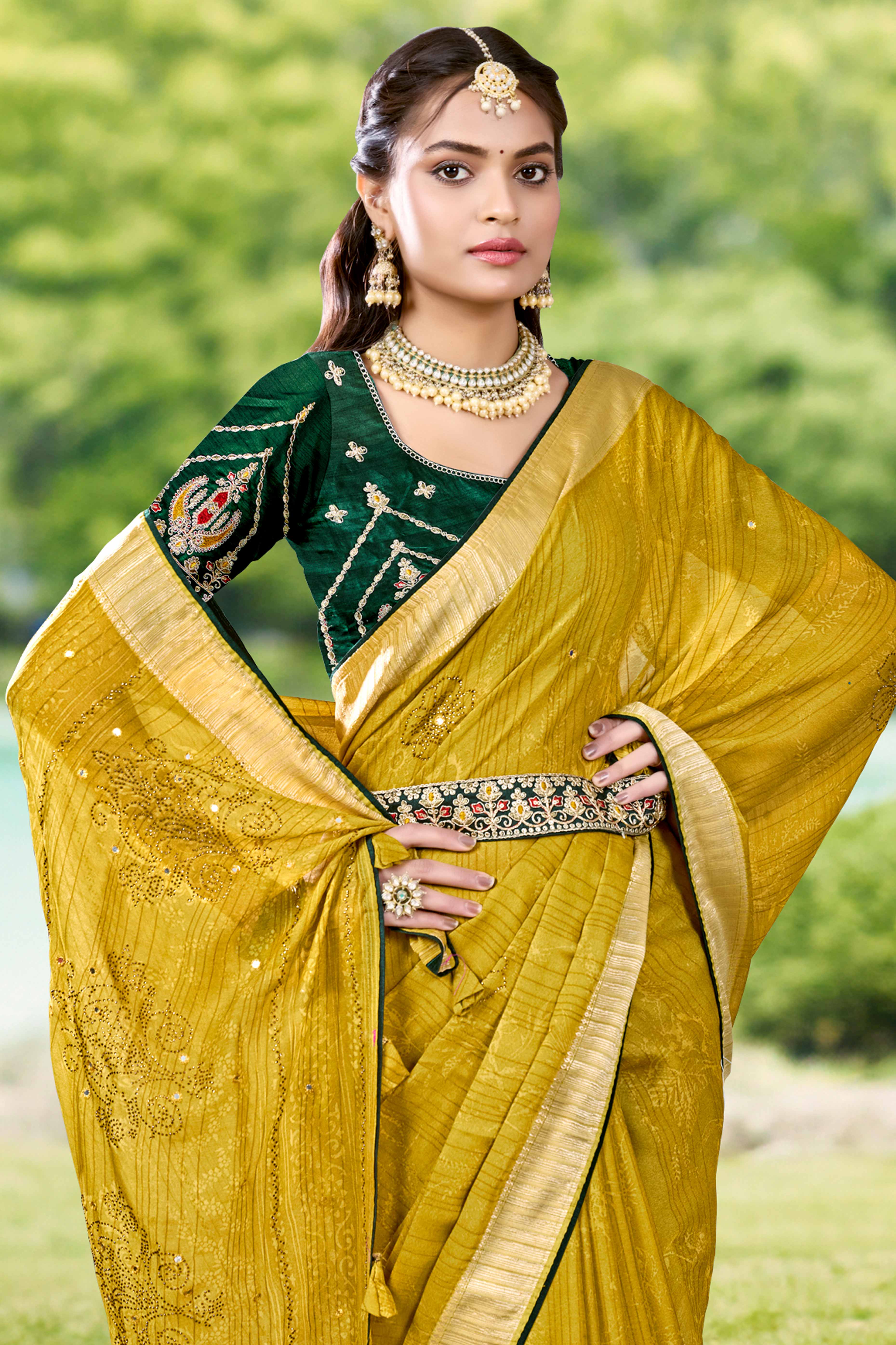 Olive Crepe Saree with Exquisite Stone Work and Viscose Border Finish - Image 3