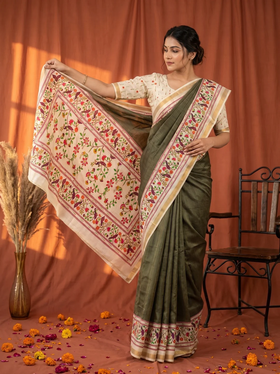 Olive Digital Printed Dola Silk Saree with Zari Border Lightweight Ethnic Wear