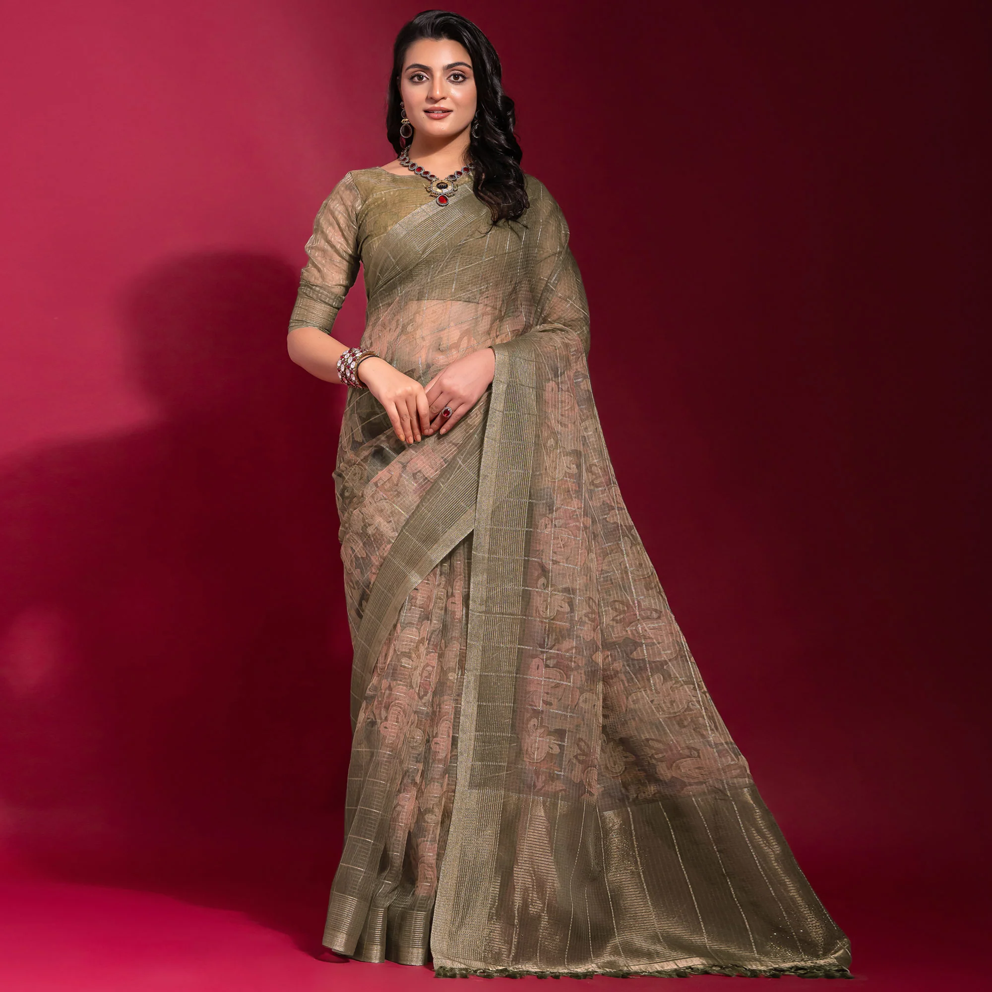 Olive Digital Printed With Zari Work Linen Saree - Image 2