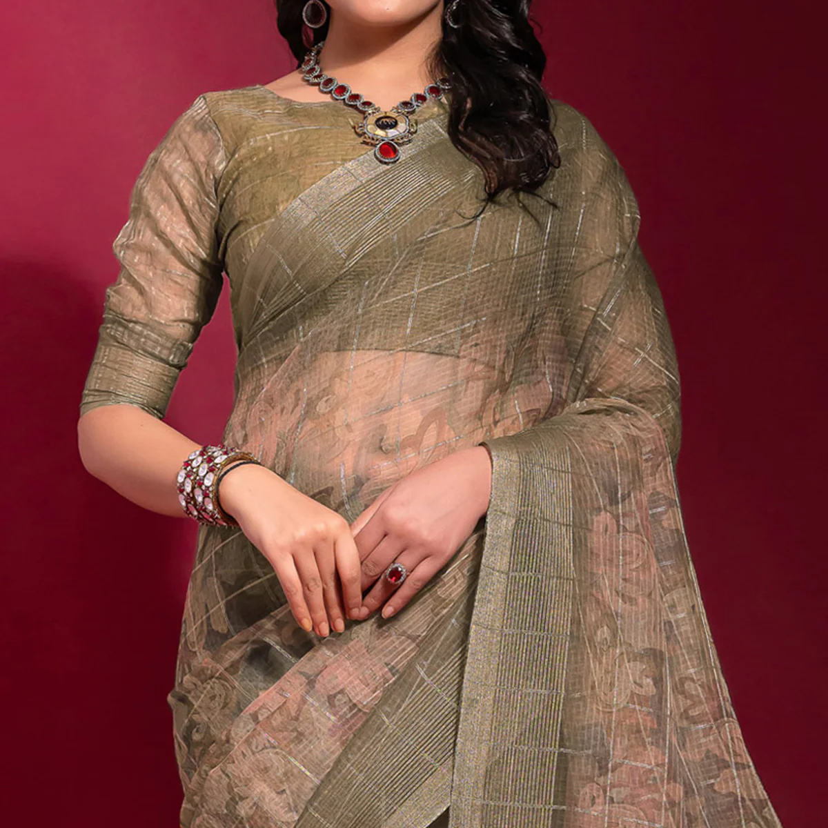 Olive Digital Printed With Zari Work Linen Saree - Image 3