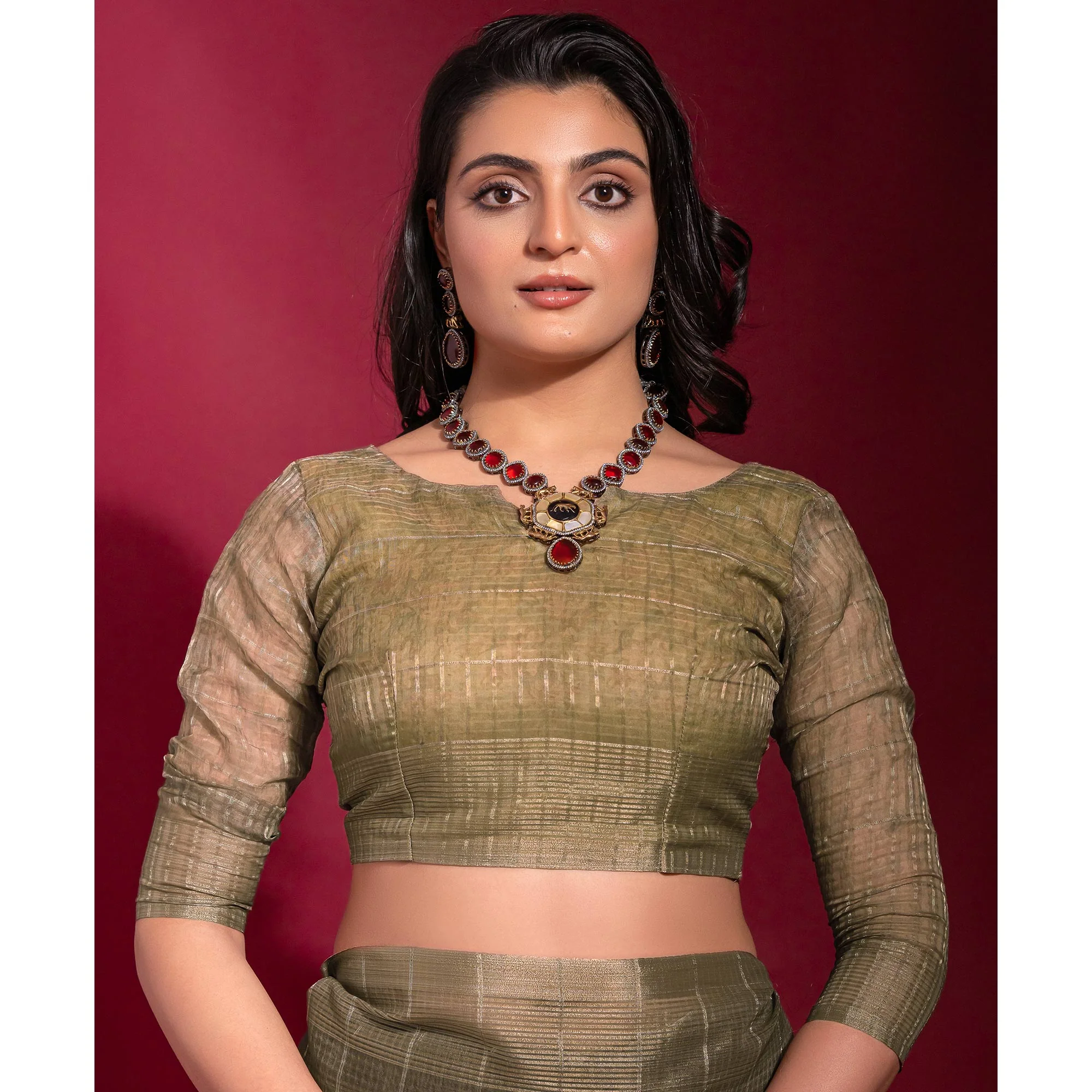 Olive Digital Printed With Zari Work Linen Saree - Image 5