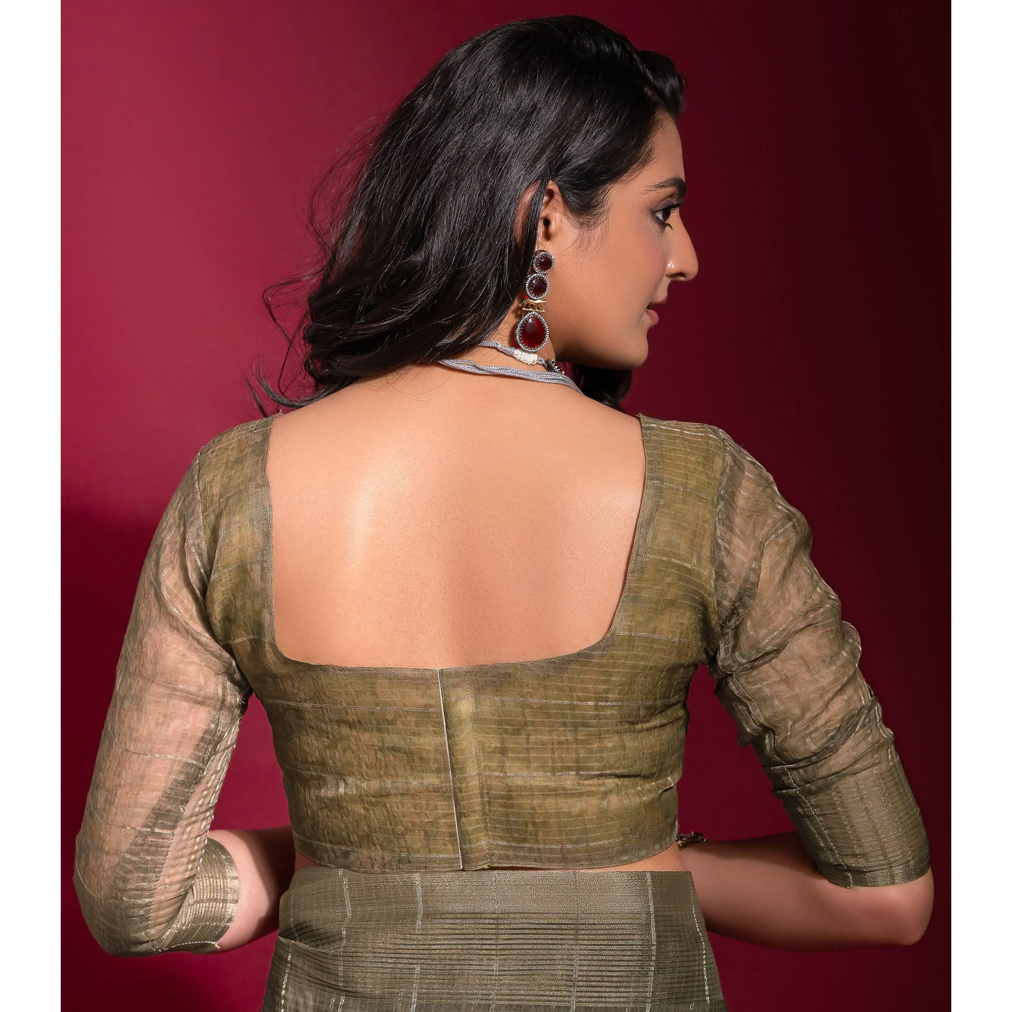 Olive Digital Printed With Zari Work Linen Saree - Image 6