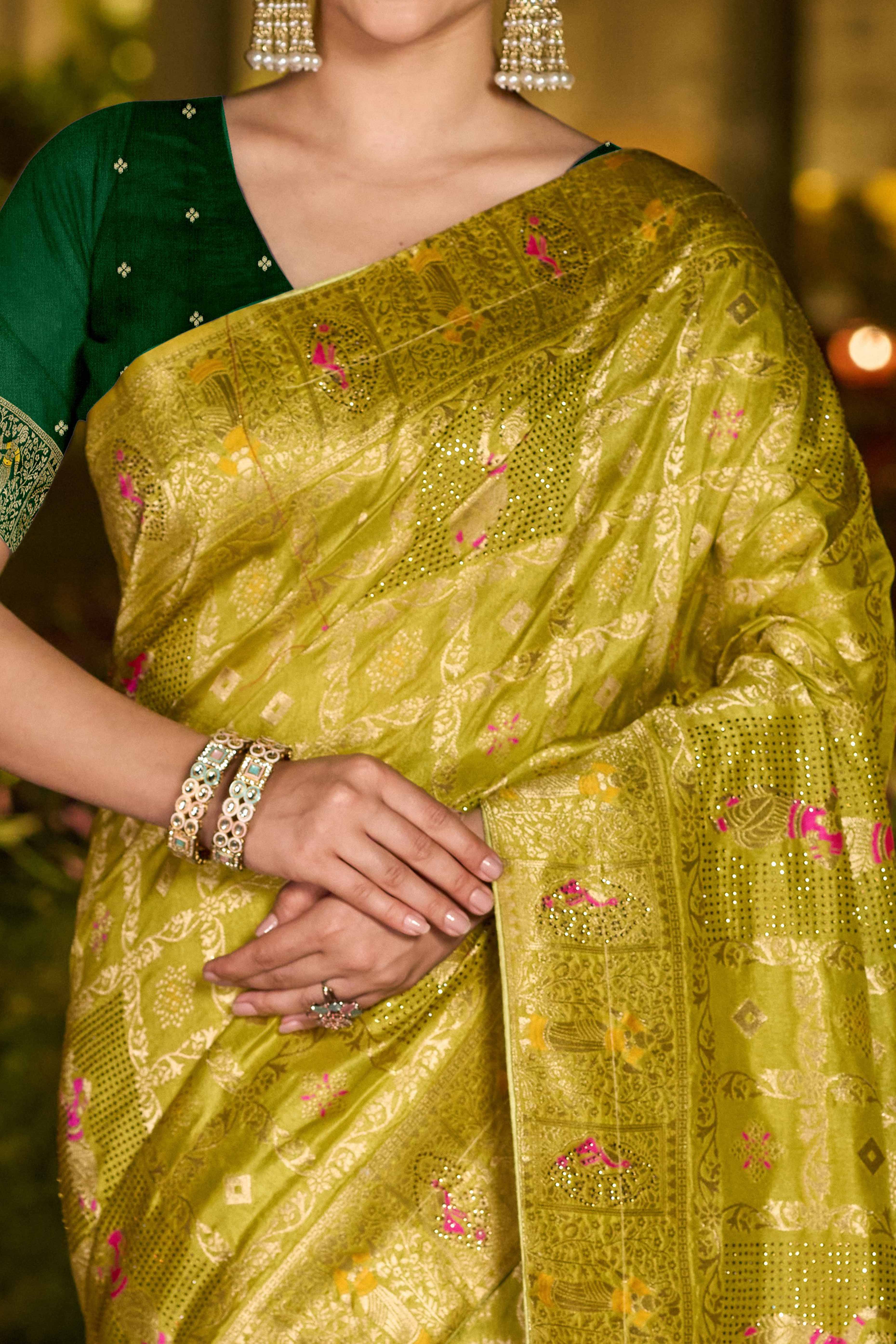 Olive Dola Silk Saree Featuring Intricate Gharchola Woven Design - Image 2