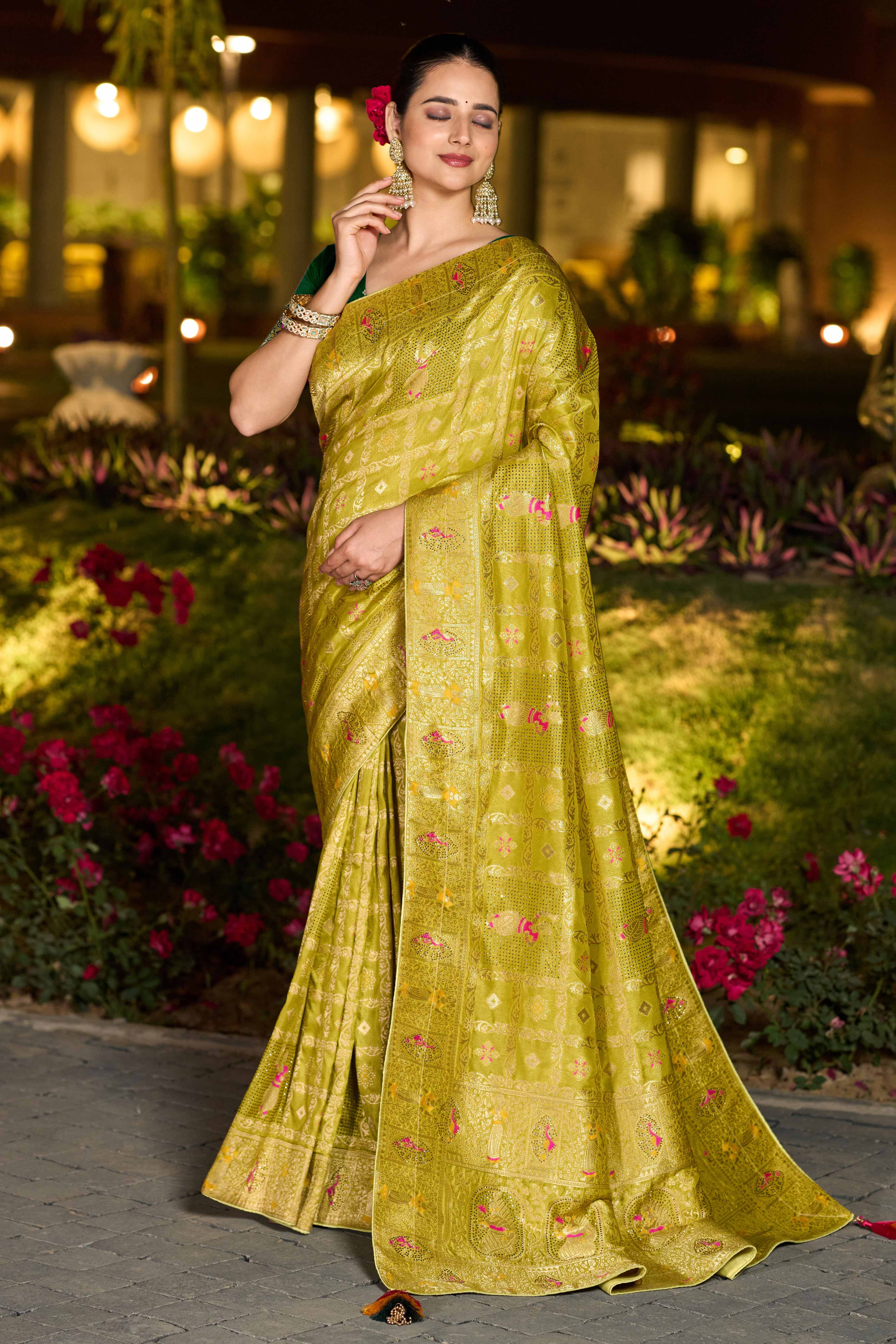 Olive Dola Silk Saree Featuring Intricate Gharchola Woven Design - Image 3
