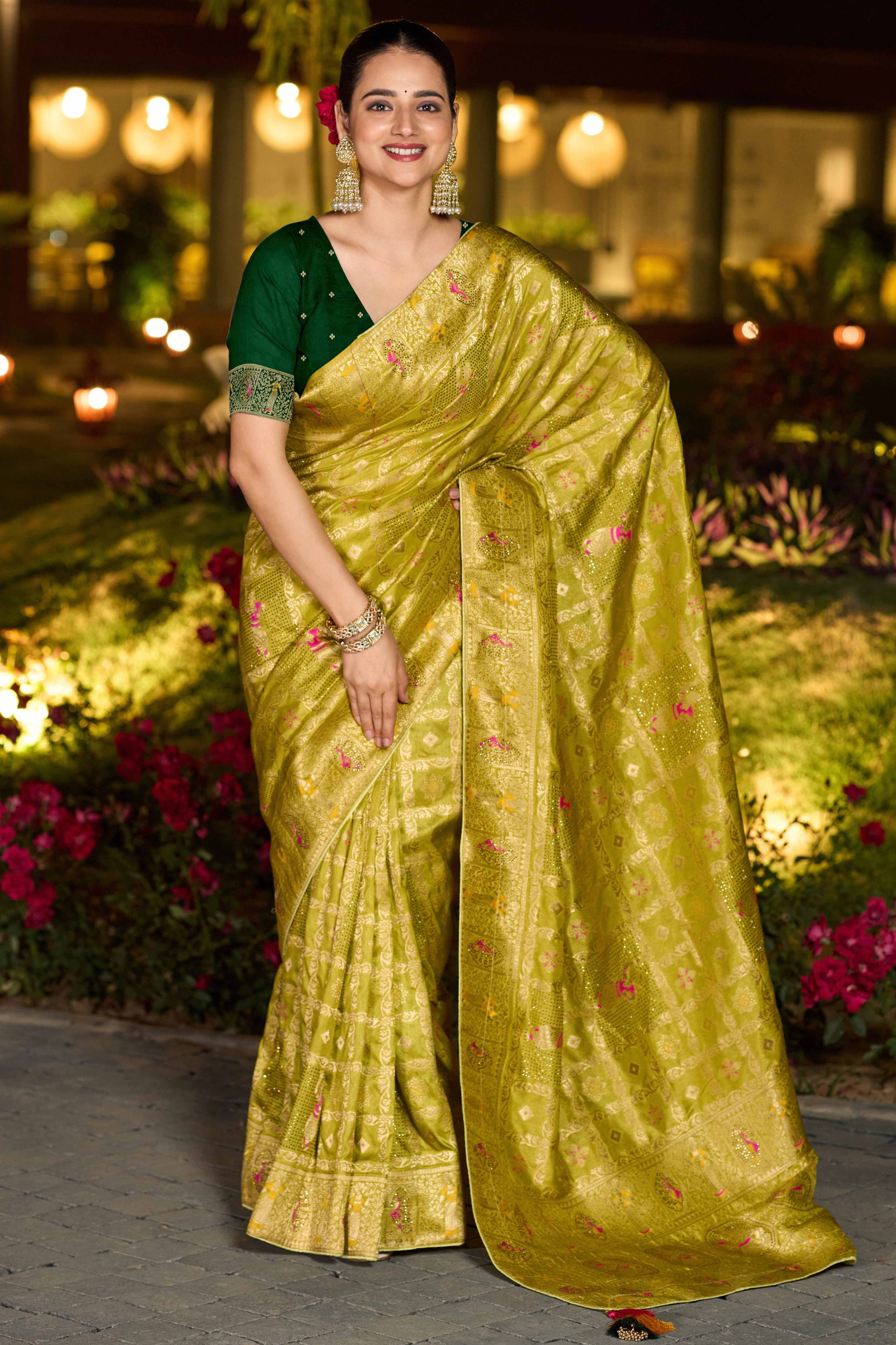 Olive Dola Silk Saree Featuring Intricate Gharchola Woven Design - Image 4