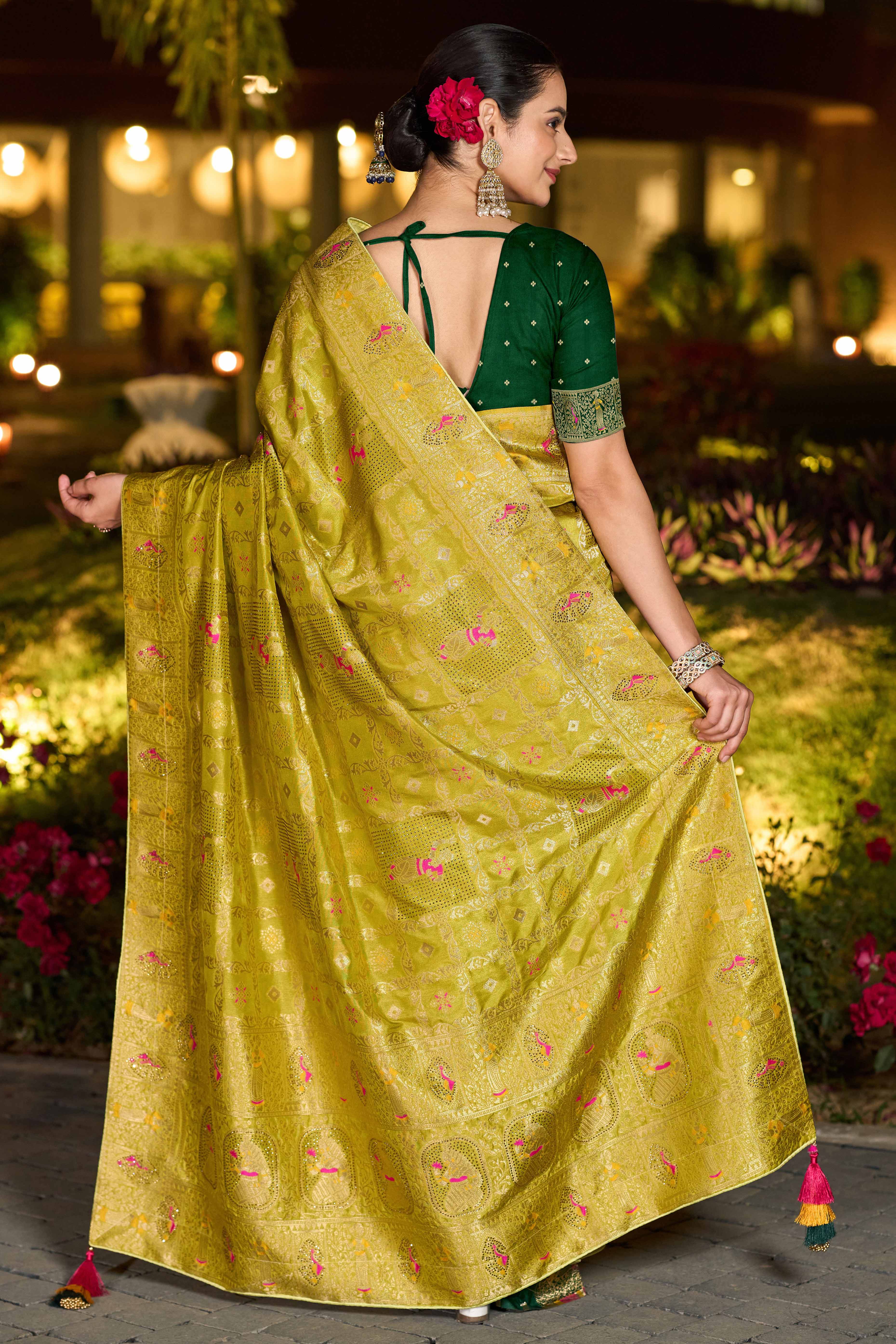 Olive Dola Silk Saree Featuring Intricate Gharchola Woven Design - Image 5