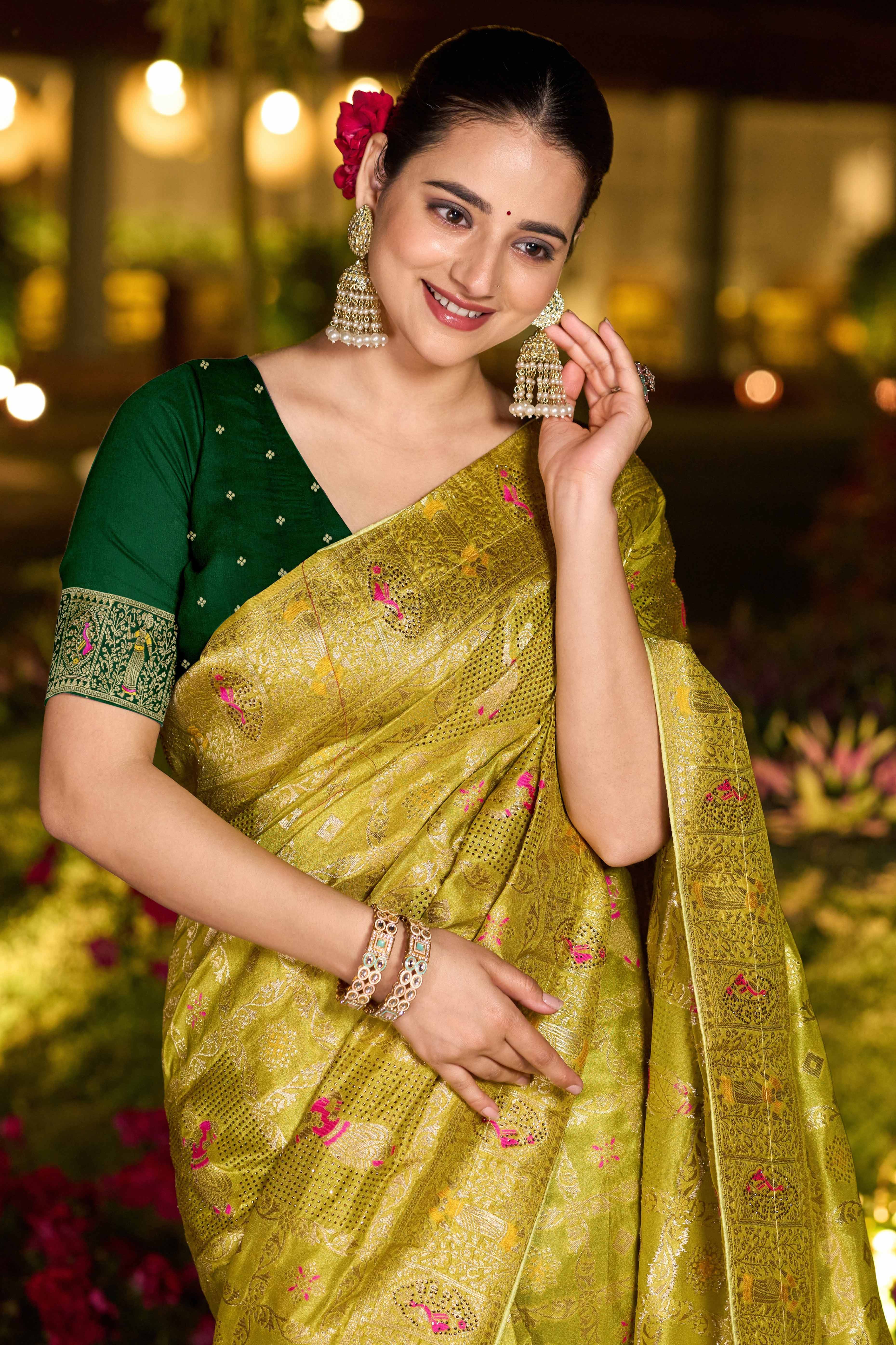 Olive Dola Silk Saree Featuring Intricate Gharchola Woven Design - Image 7