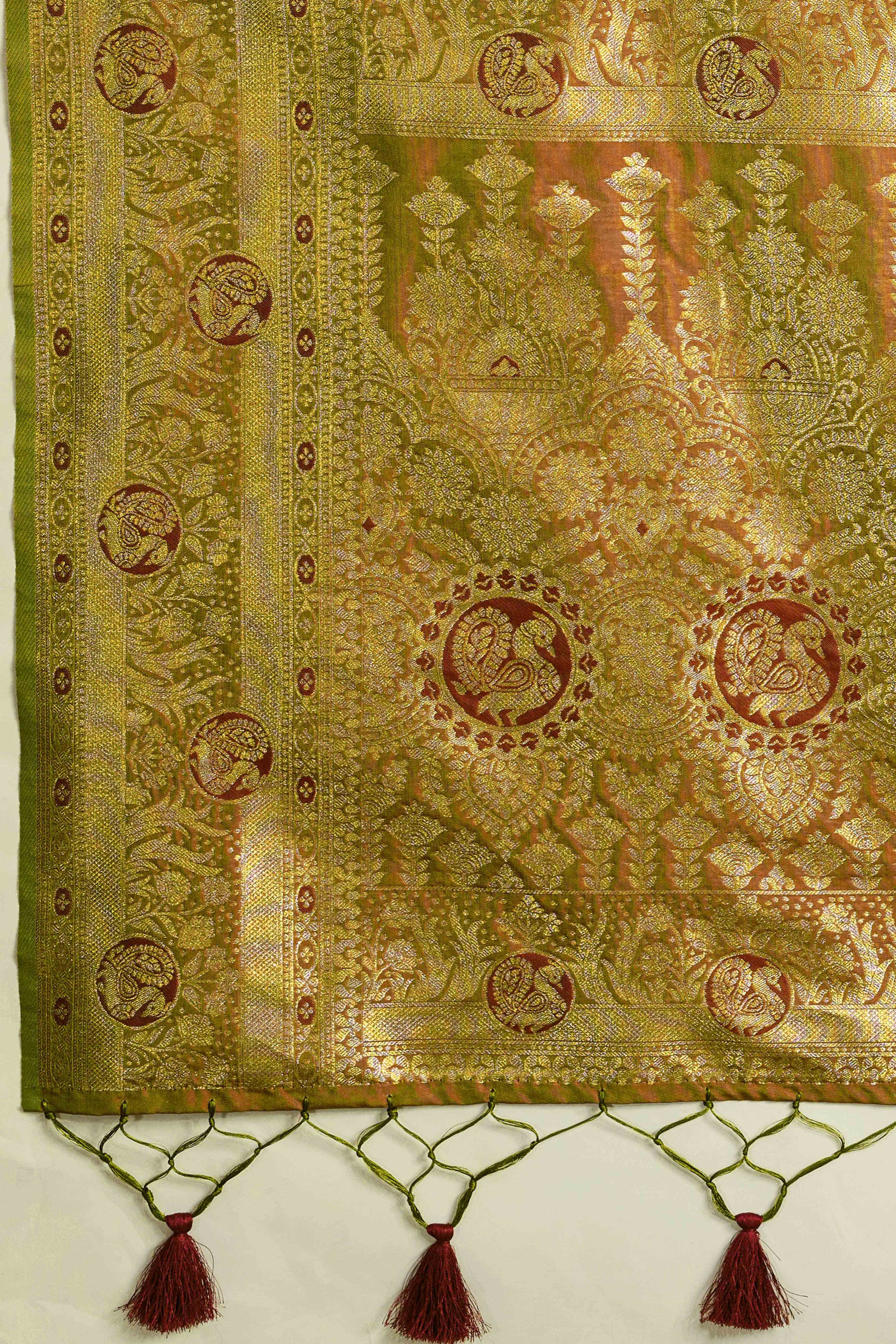 Olive Dual Tone Banarasi Silk Saree Accented with Meenakari Weaves - Image 8