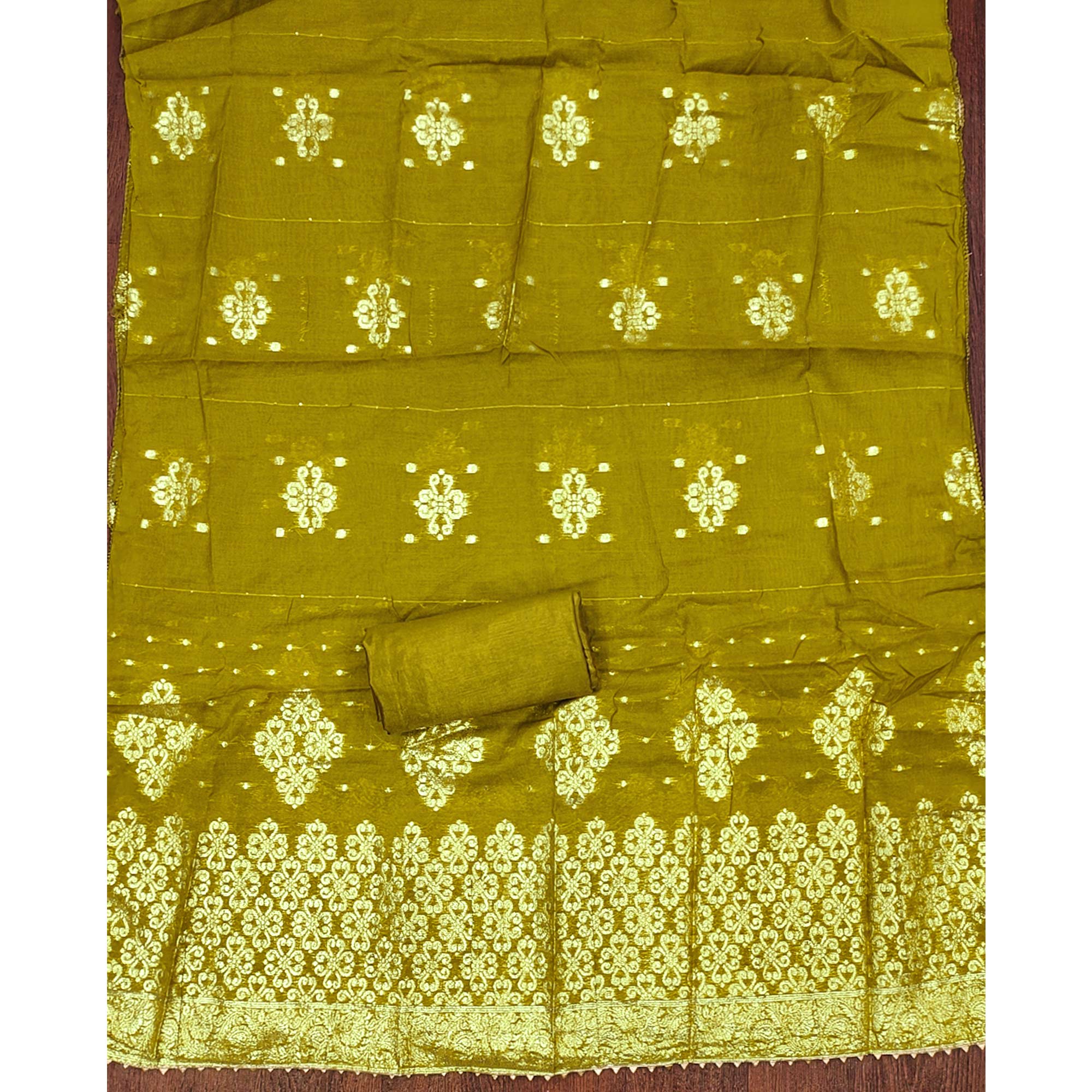 Olive Embroidered Shimmer Fabric with Beautiful Zari Work for Unstitched Suits - Image 5