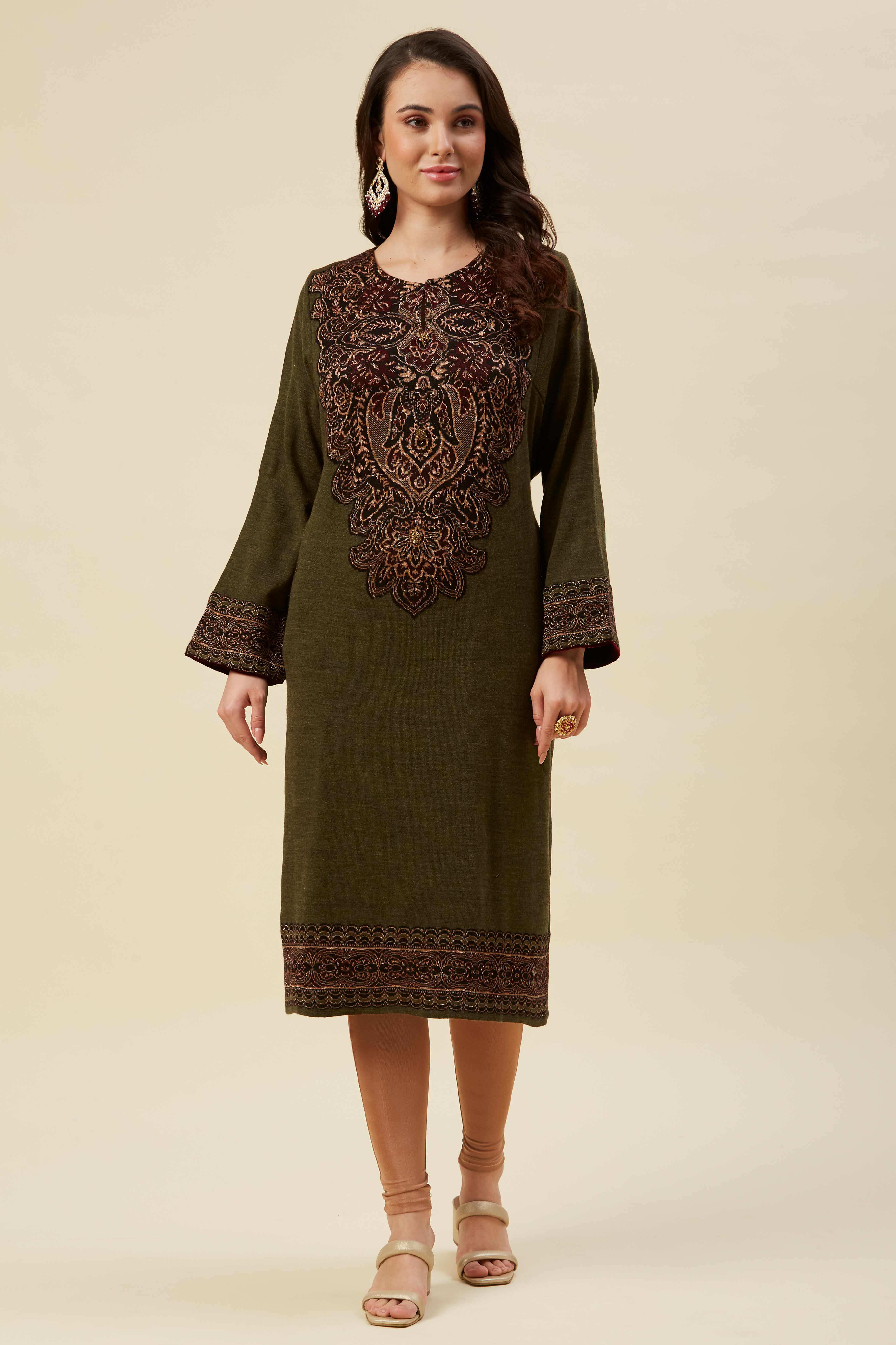 Olive Embroidered Woolen Straight Kurti - Image 6
