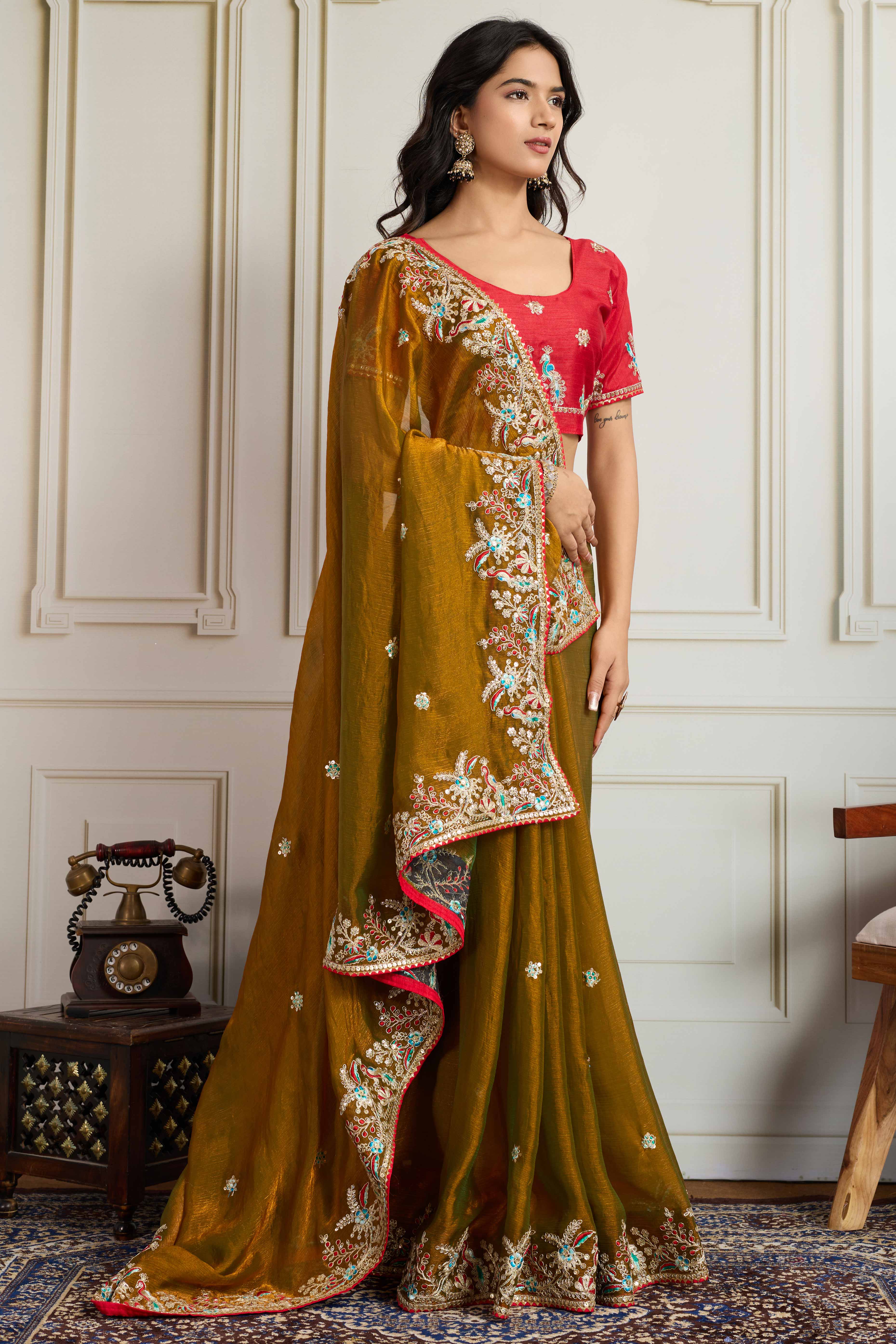 Olive Fancy Chiffon Partywear Saree with Intricate Sequins & Thread Embroidery - Image 4
