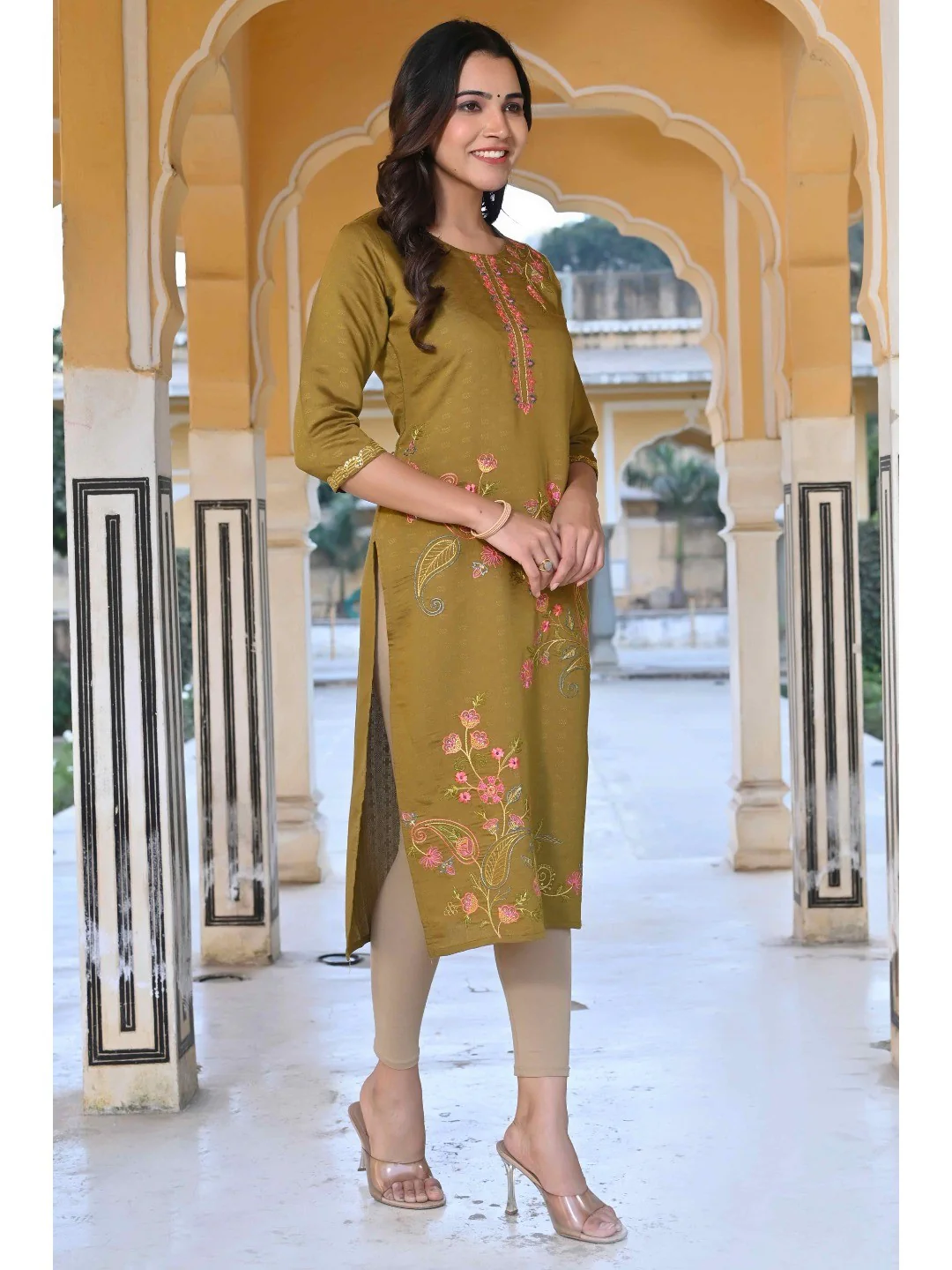 Olive Floral Embroidered Rayon Straight Kurti - Image 4