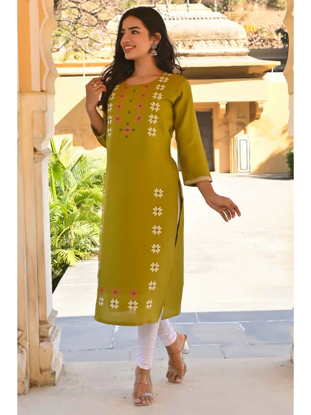 Olive Floral Embroidered Viscose Straight Kurti - Image 4