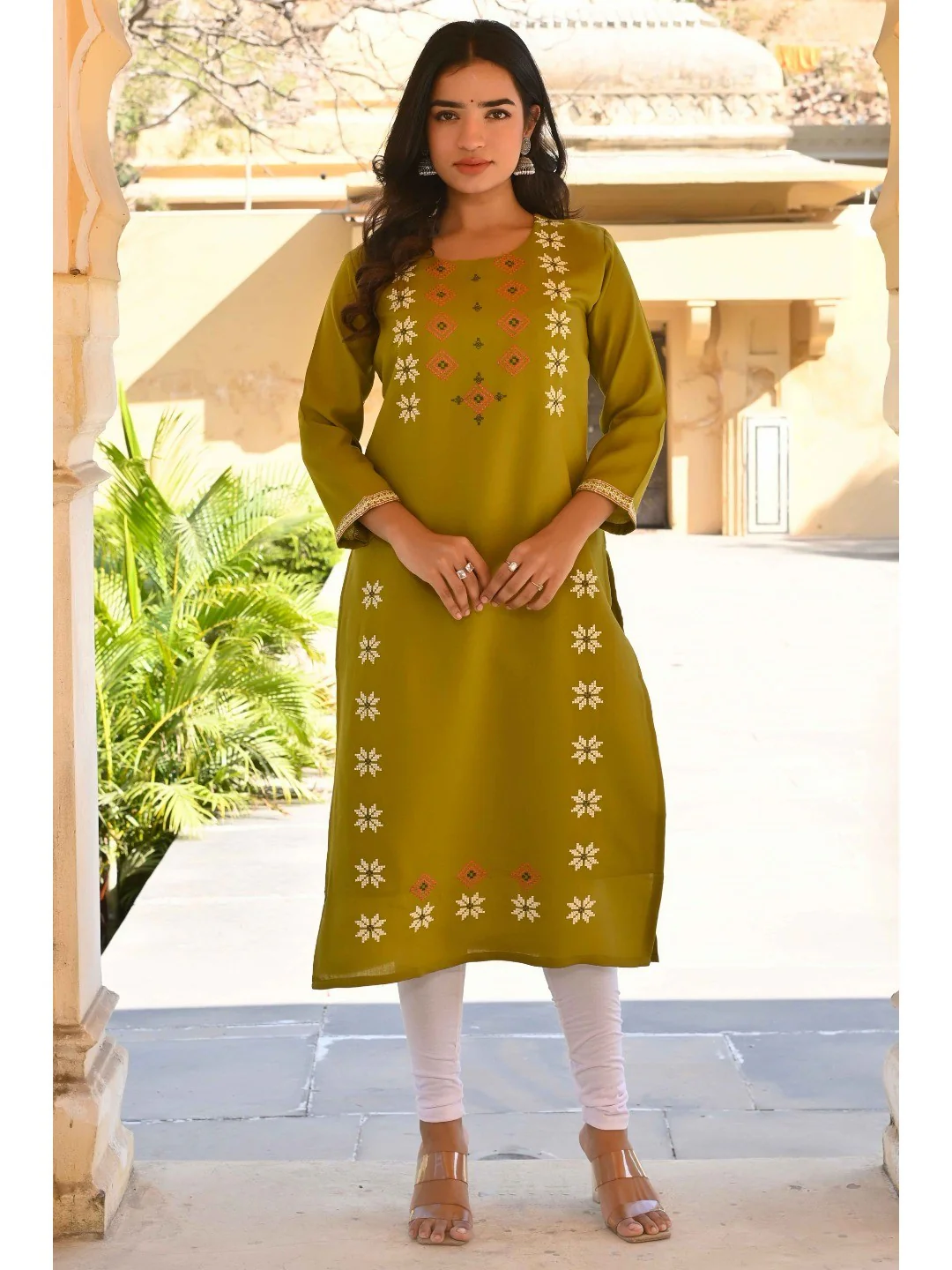 Olive Floral Embroidered Viscose Straight Kurti - Image 5