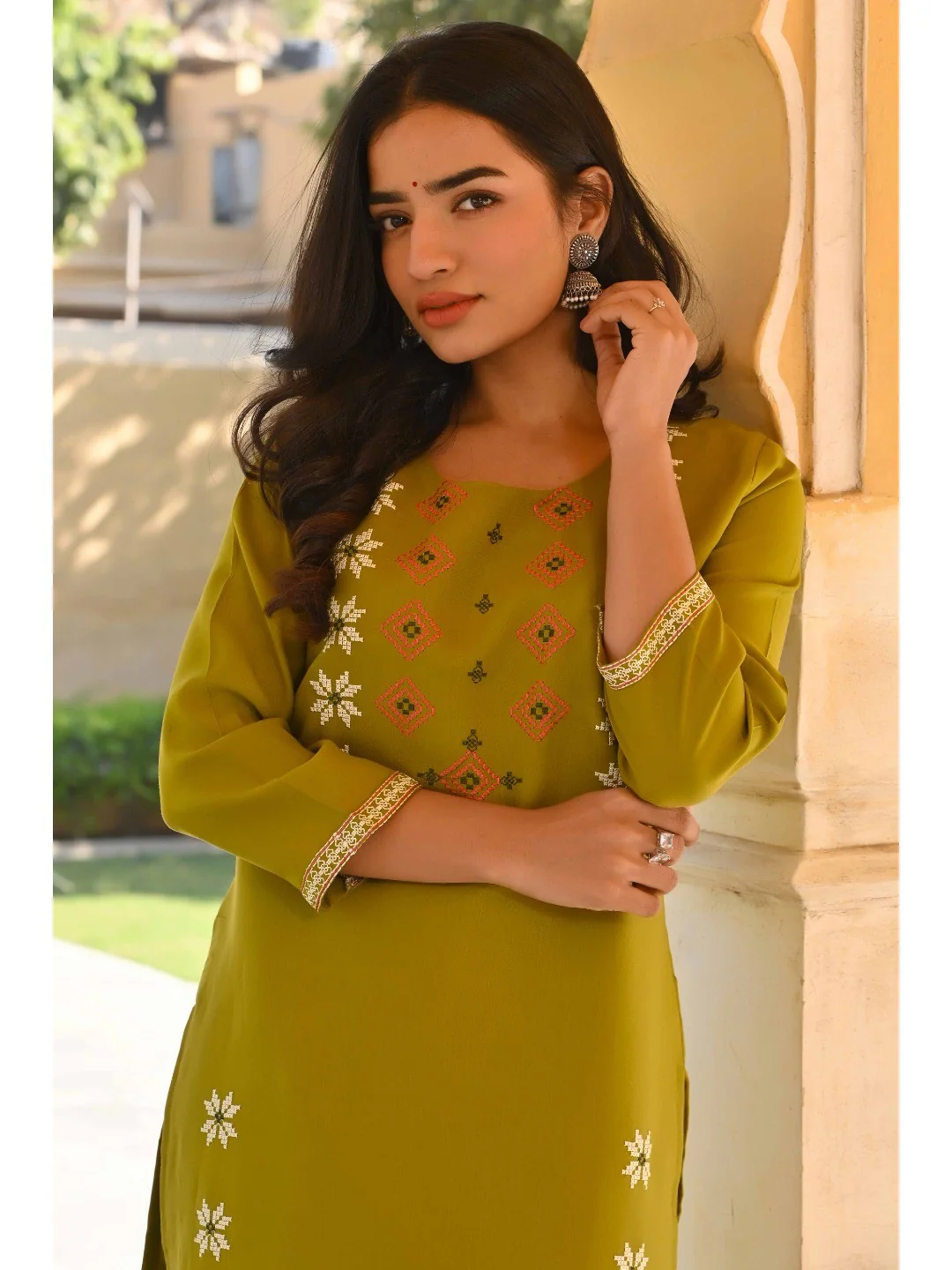 Olive Floral Embroidered Viscose Straight Kurti - Image 7