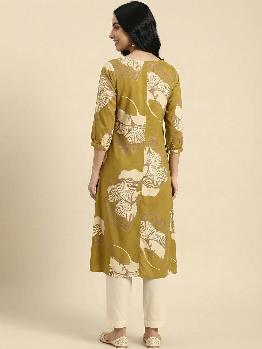 Olive Floral Printed Rayon A-Line Kurti with Button Detail - Image 3