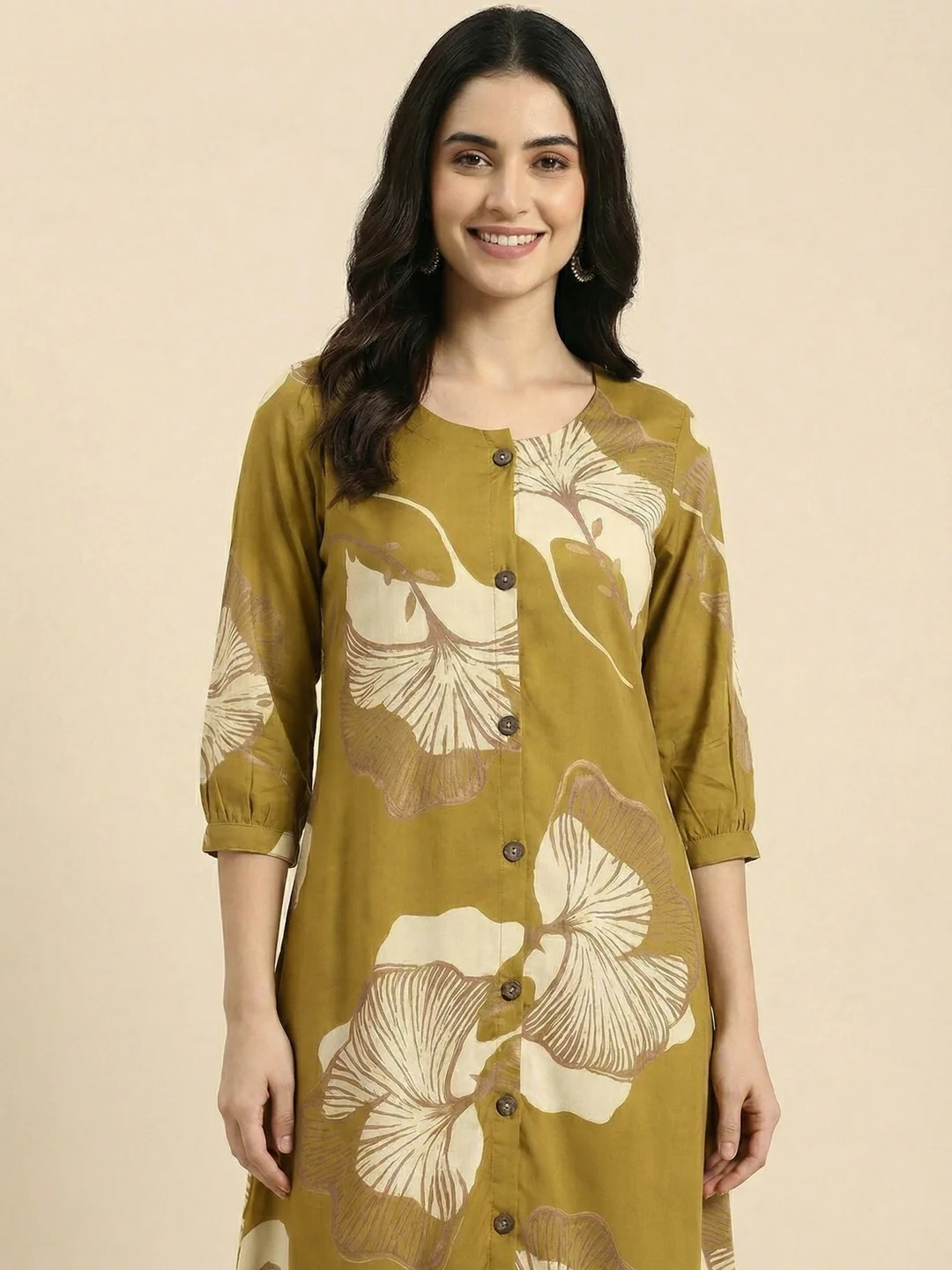 Olive Floral Printed Rayon A-Line Kurti with Button Detail - Image 4