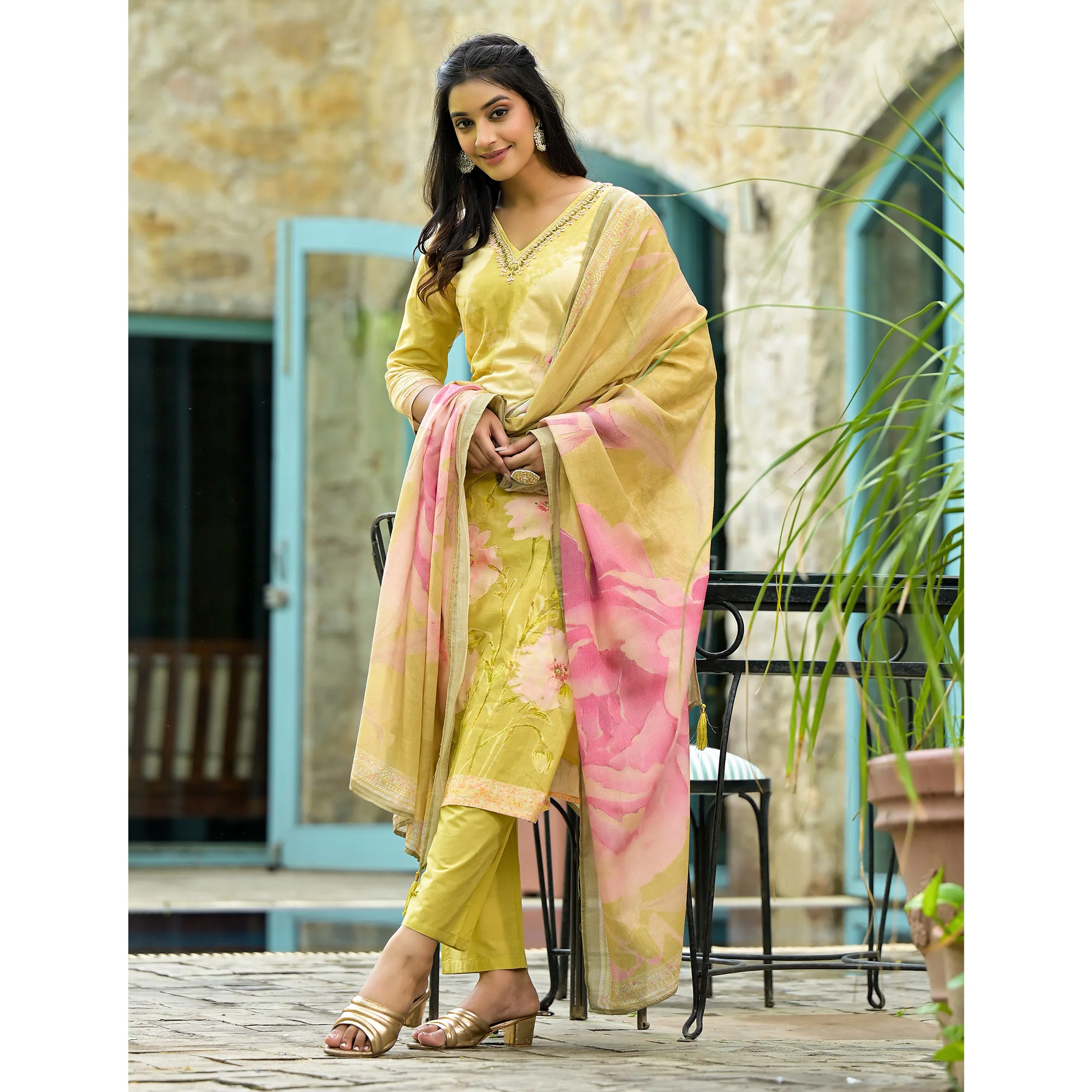 Olive Floral Embroidered With Printed Cambric Cotton Salwar Suit - Image 4