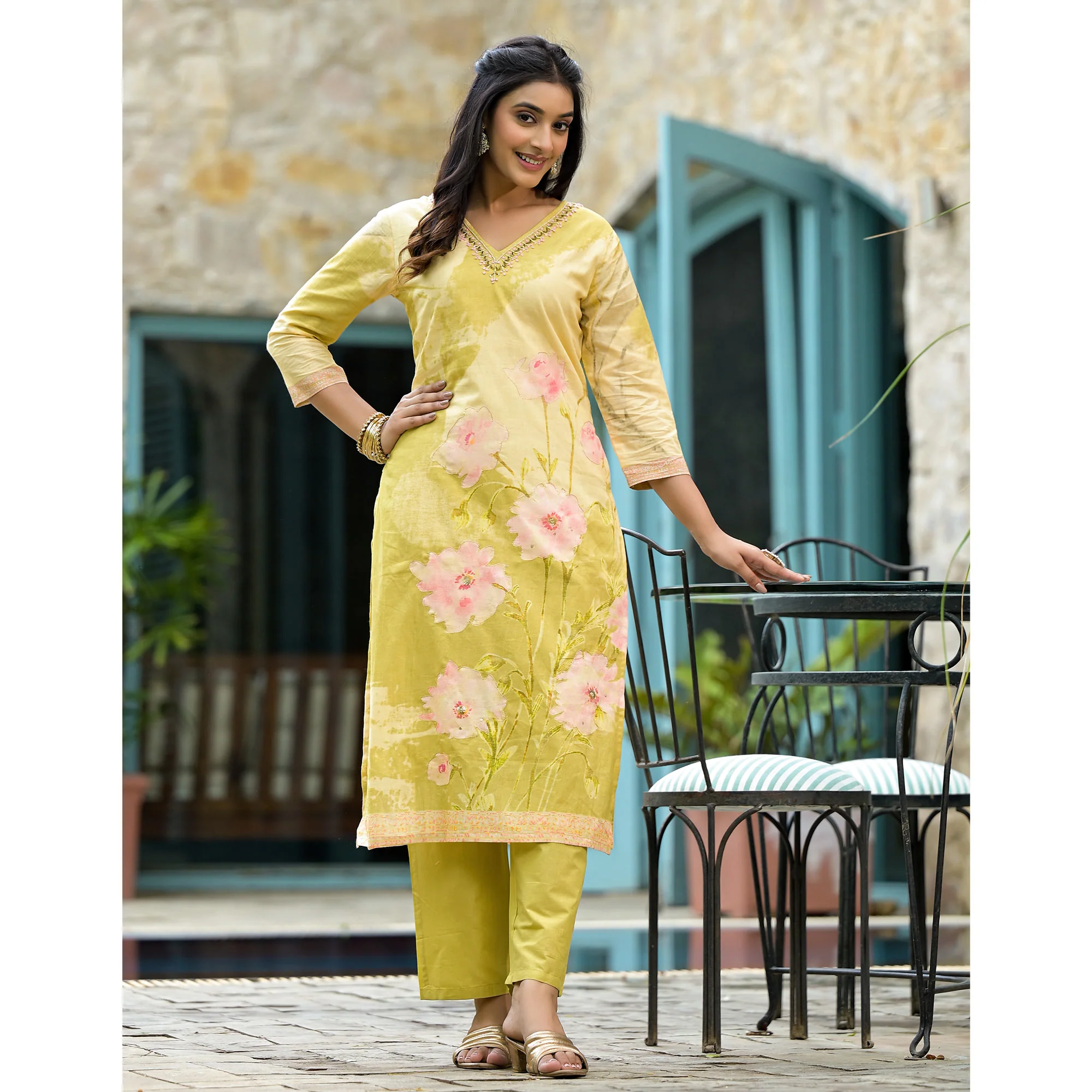 Olive Floral Embroidered With Printed Cambric Cotton Salwar Suit - Image 5