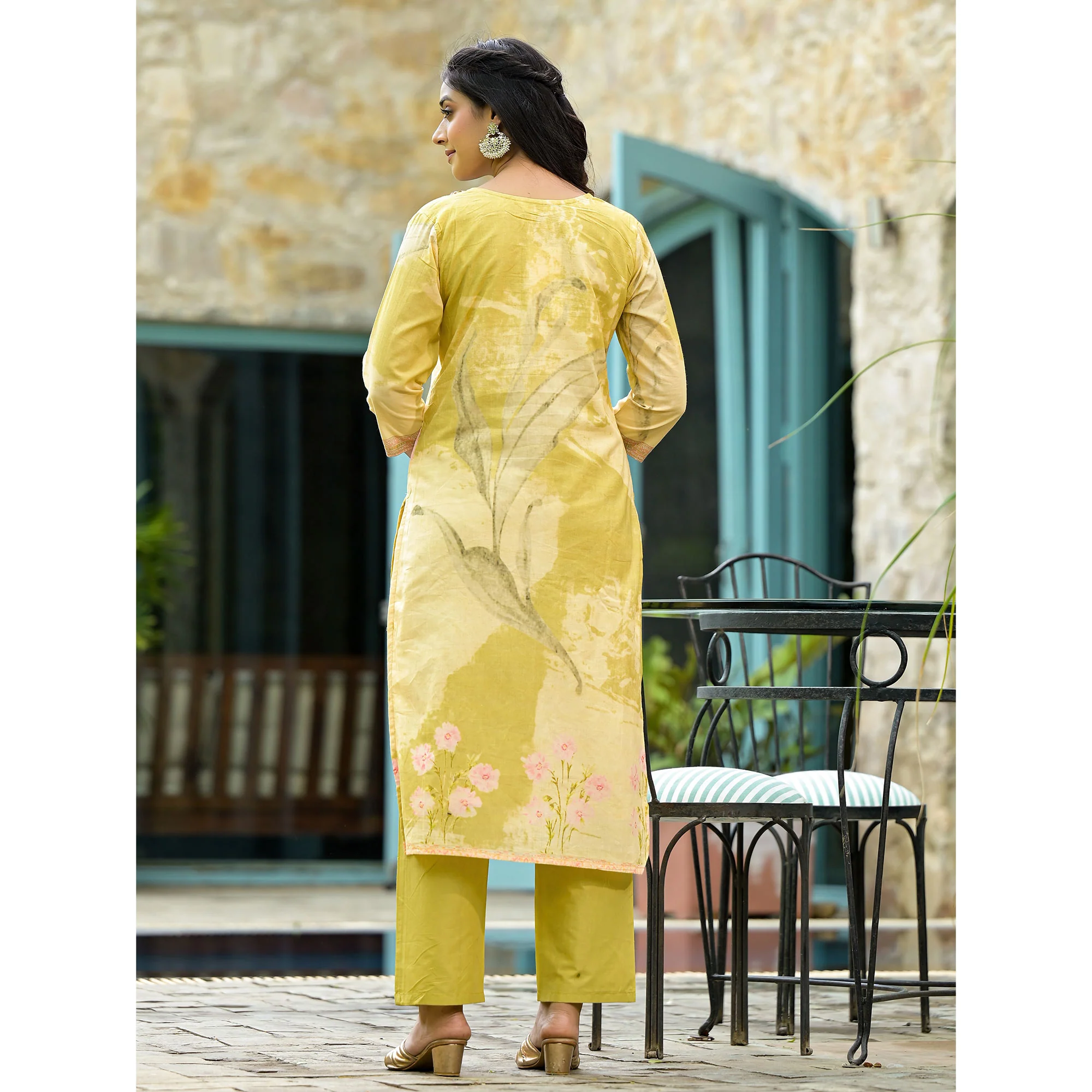 Olive Floral Embroidered With Printed Cambric Cotton Salwar Suit - Image 6