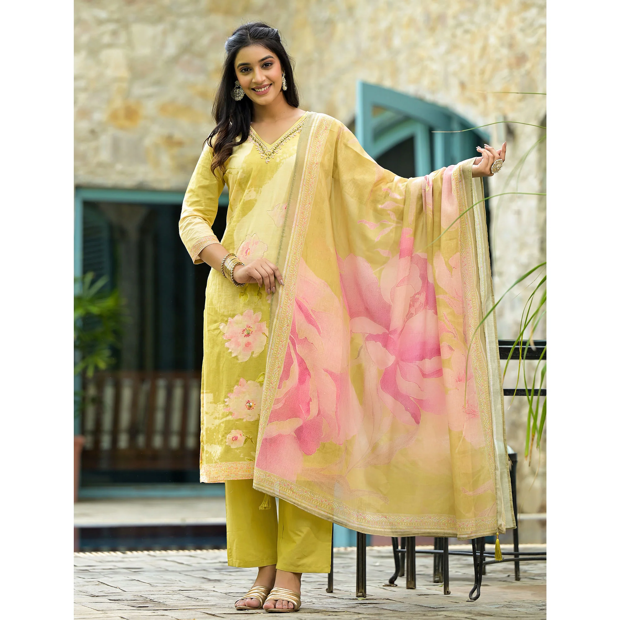 Olive Floral Embroidered With Printed Cambric Cotton Salwar Suit - Image 7