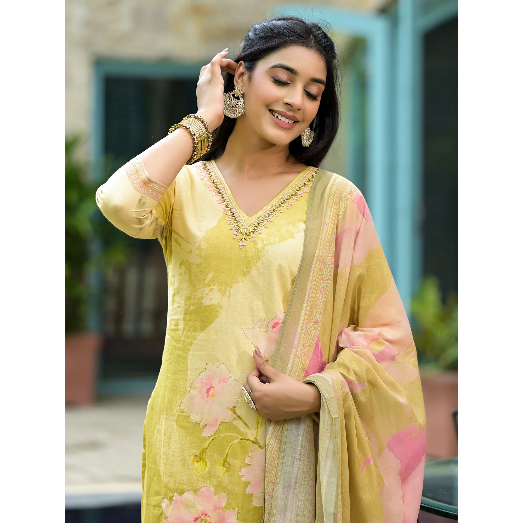 Olive Floral Embroidered With Printed Cambric Cotton Salwar Suit - Image 8