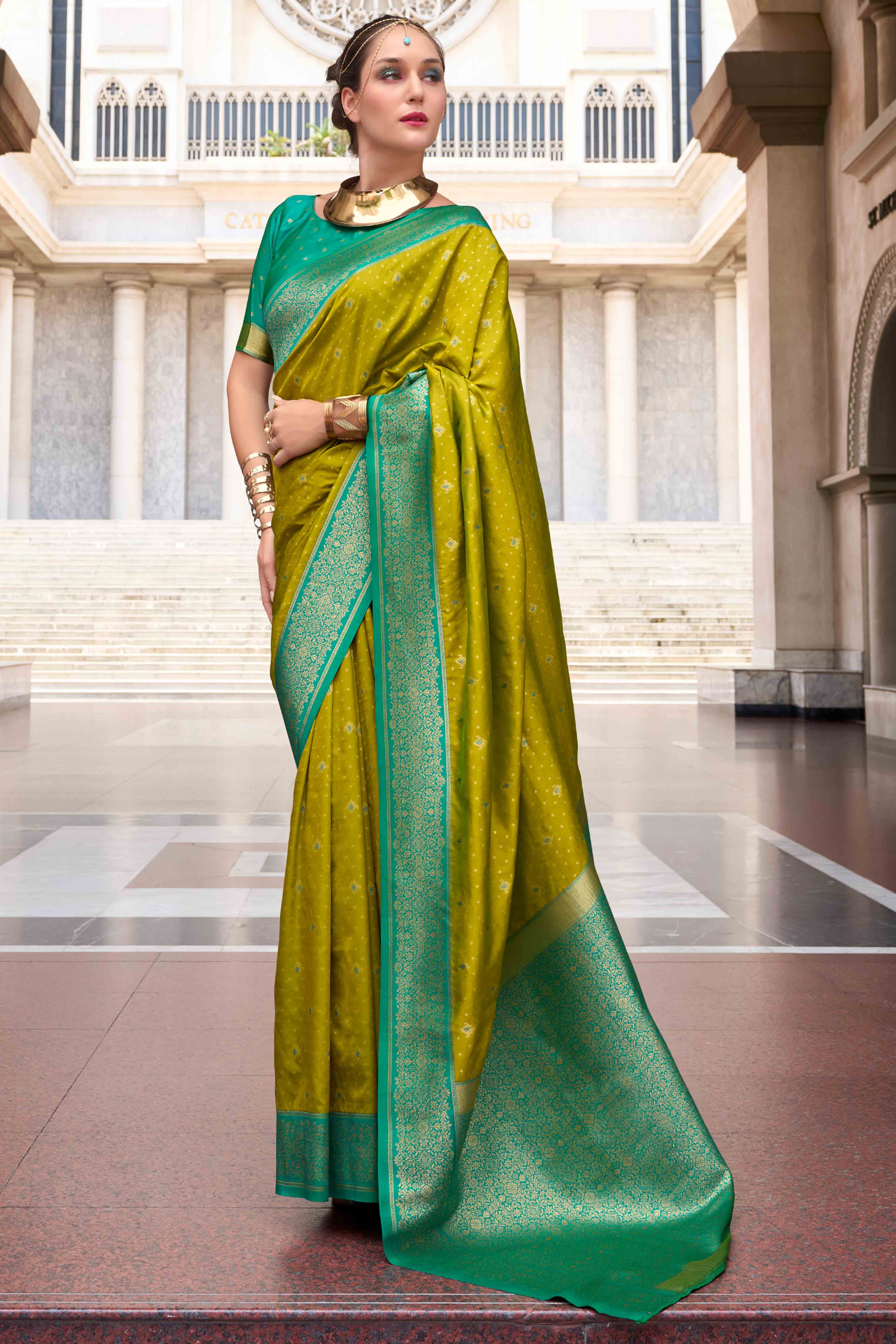 Olive Floral Woven Pure Silk Saree - Image 3