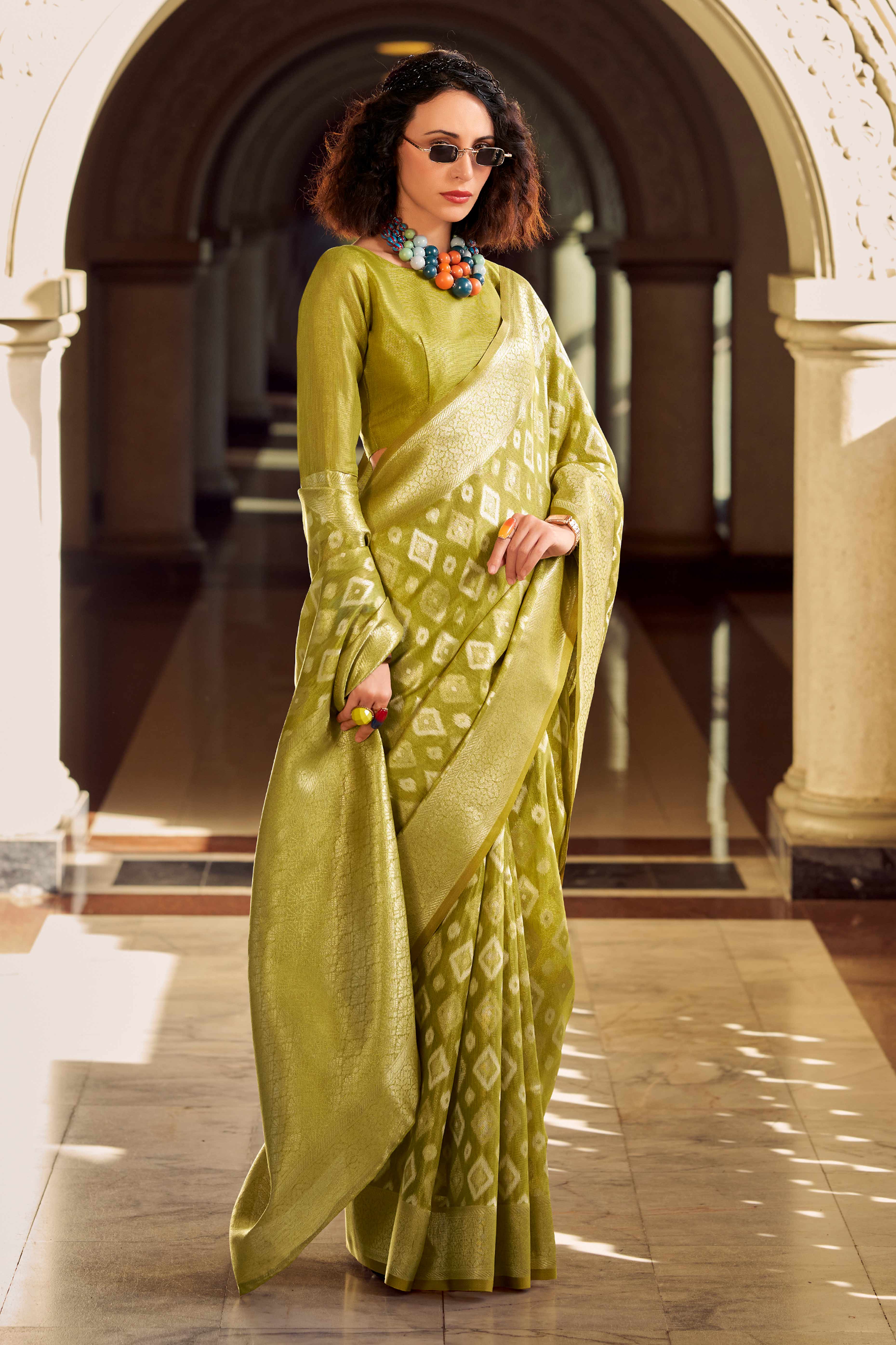 Olive Geometric Pattern Woven Tissue Silk Saree - Image 3
