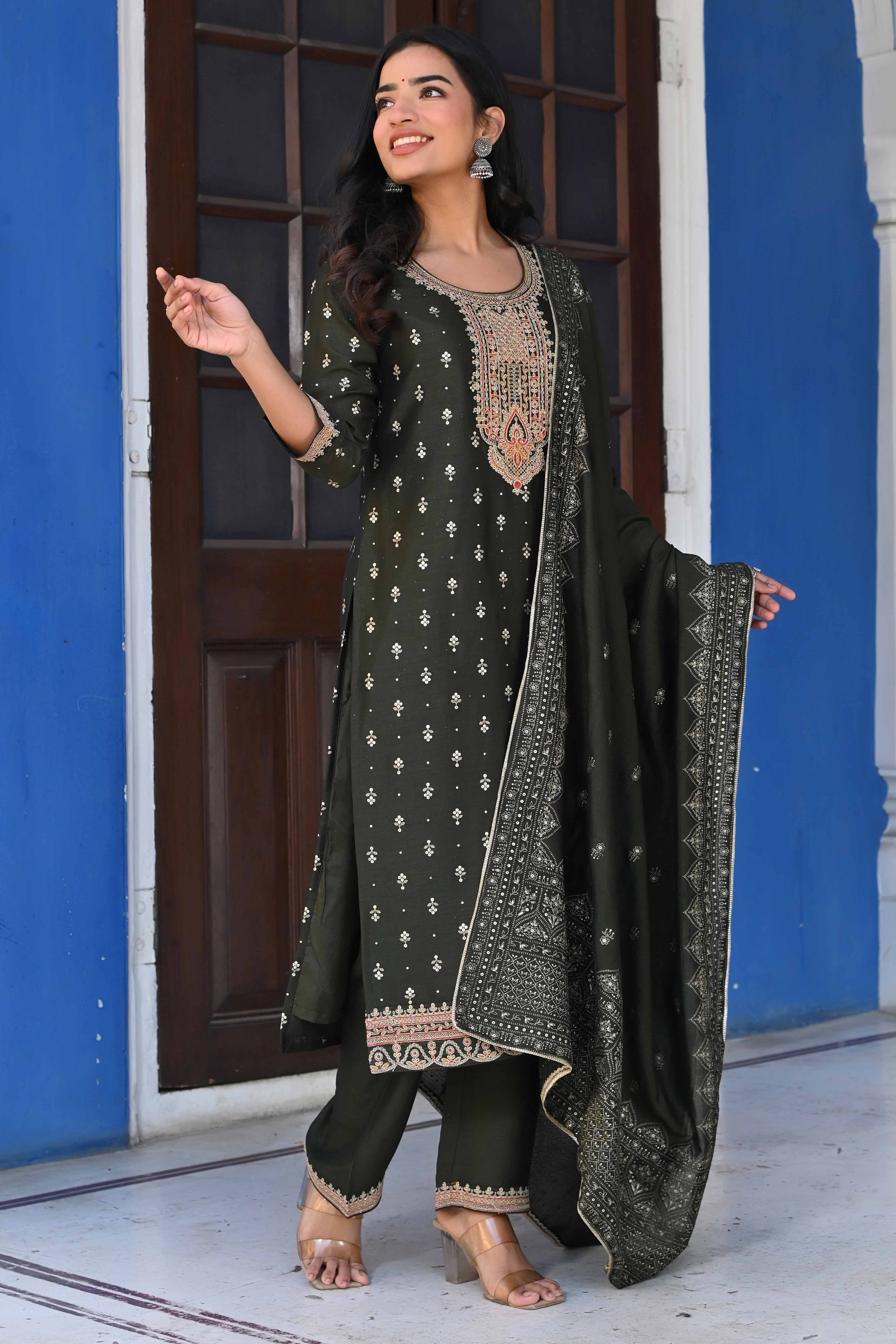 Olive Golden Embroidered Vichitra Silk Salwar Suit - Image 6