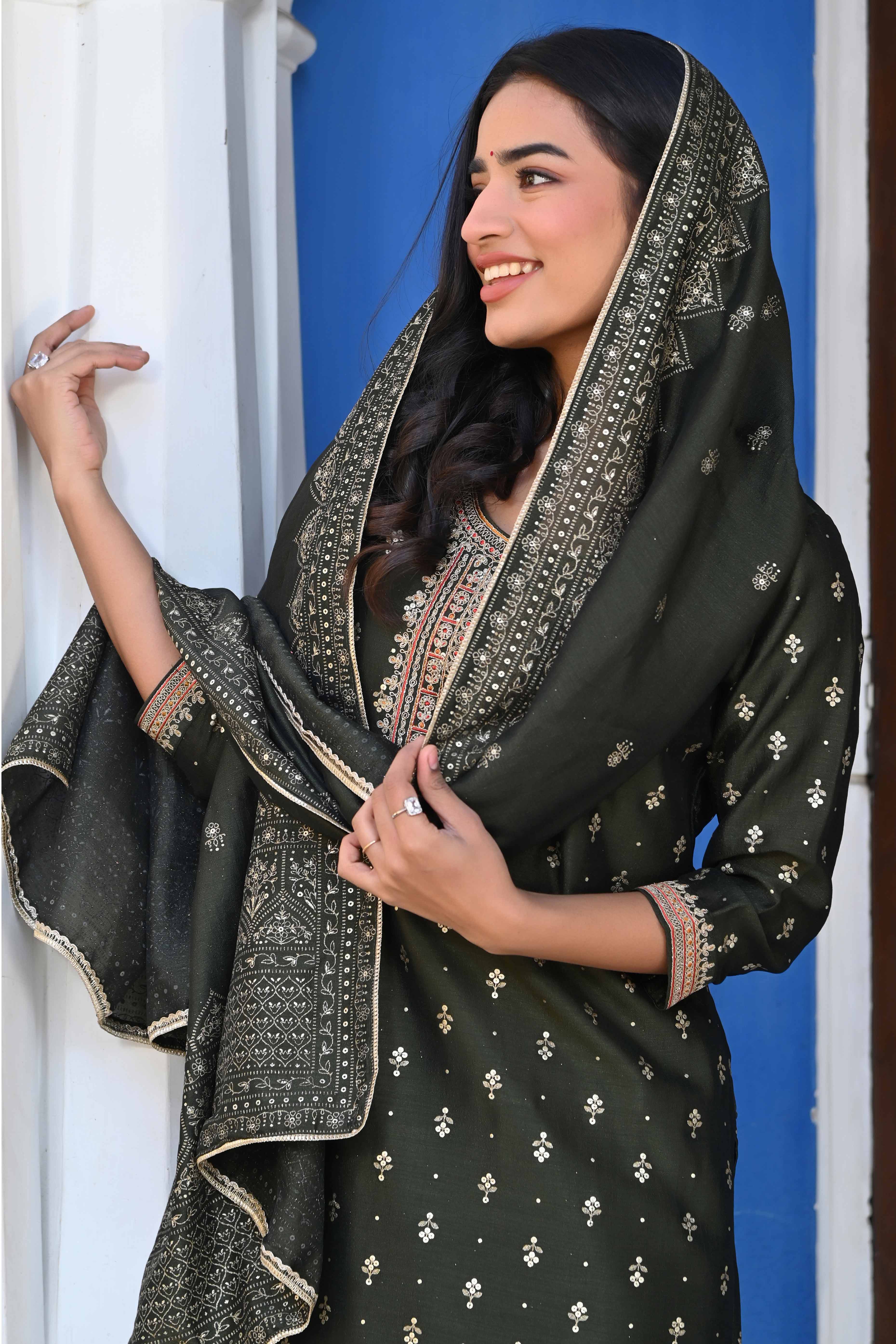 Olive Golden Embroidered Vichitra Silk Salwar Suit - Image 8