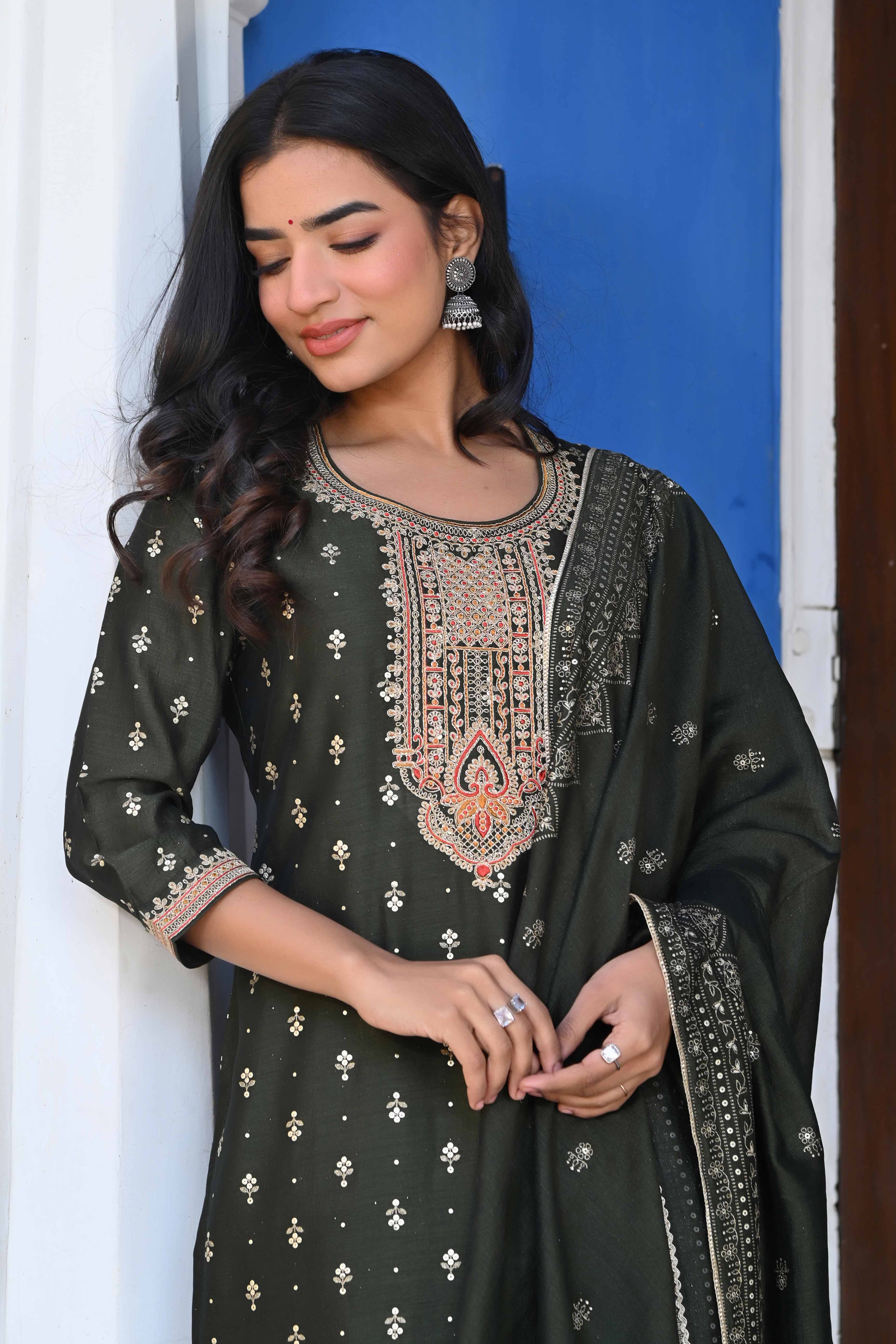 Olive Golden Embroidered Vichitra Silk Salwar Suit - Image 9