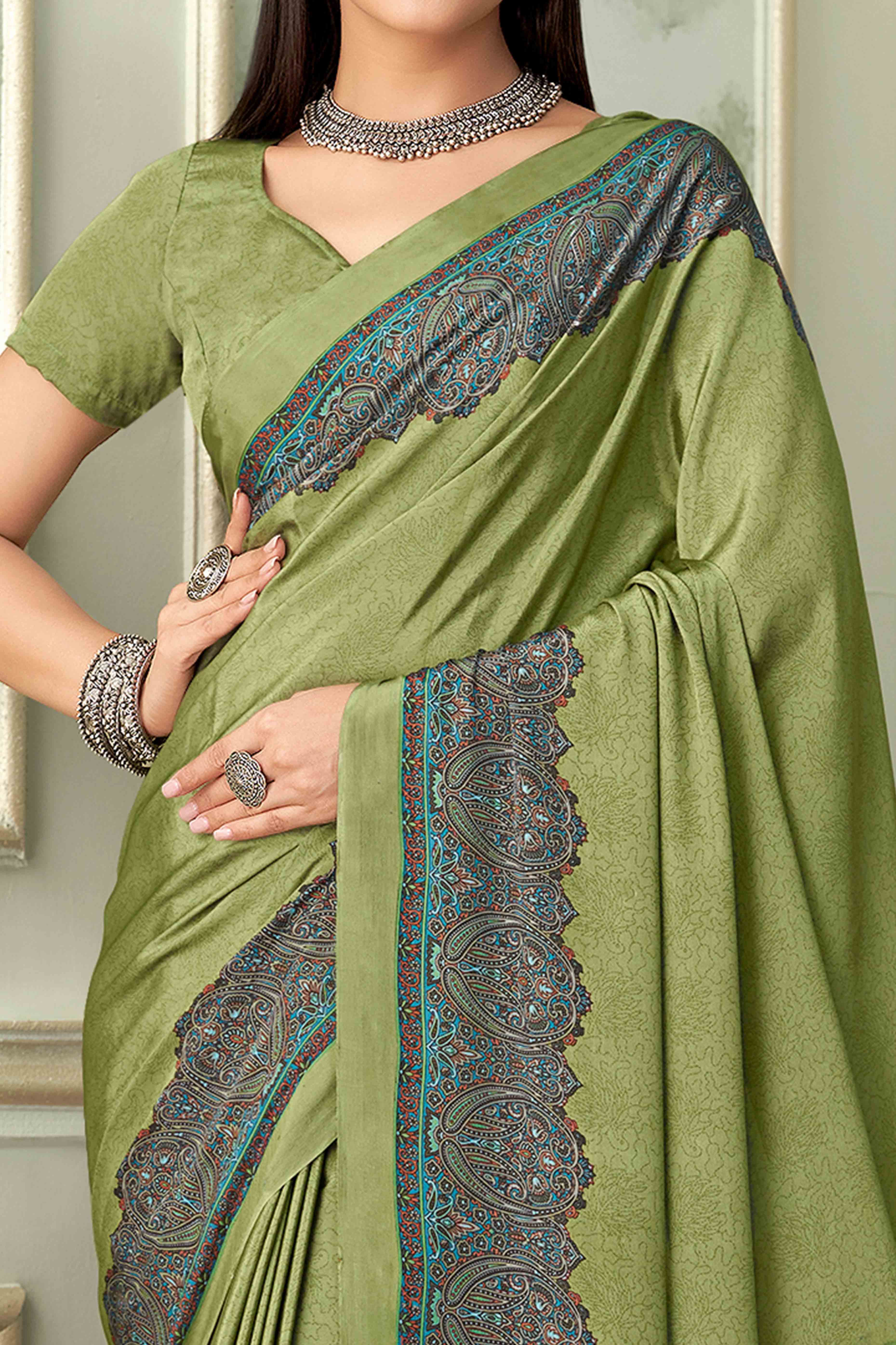 Olive Green Floral Printed Crepe Silk Saree - Image 2