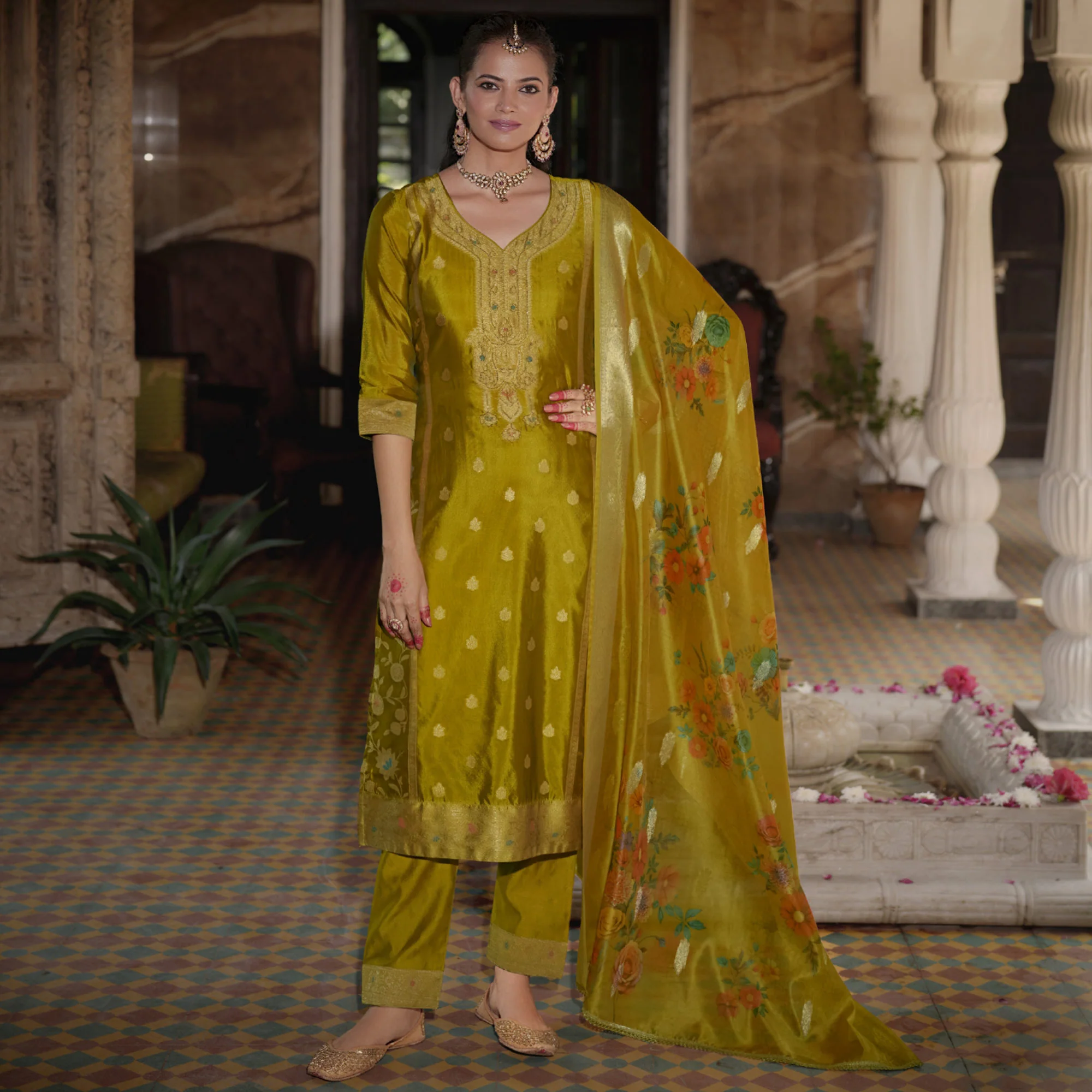 Olive Green Floral Woven With Handwork Organza Salwar Suit - Image 2