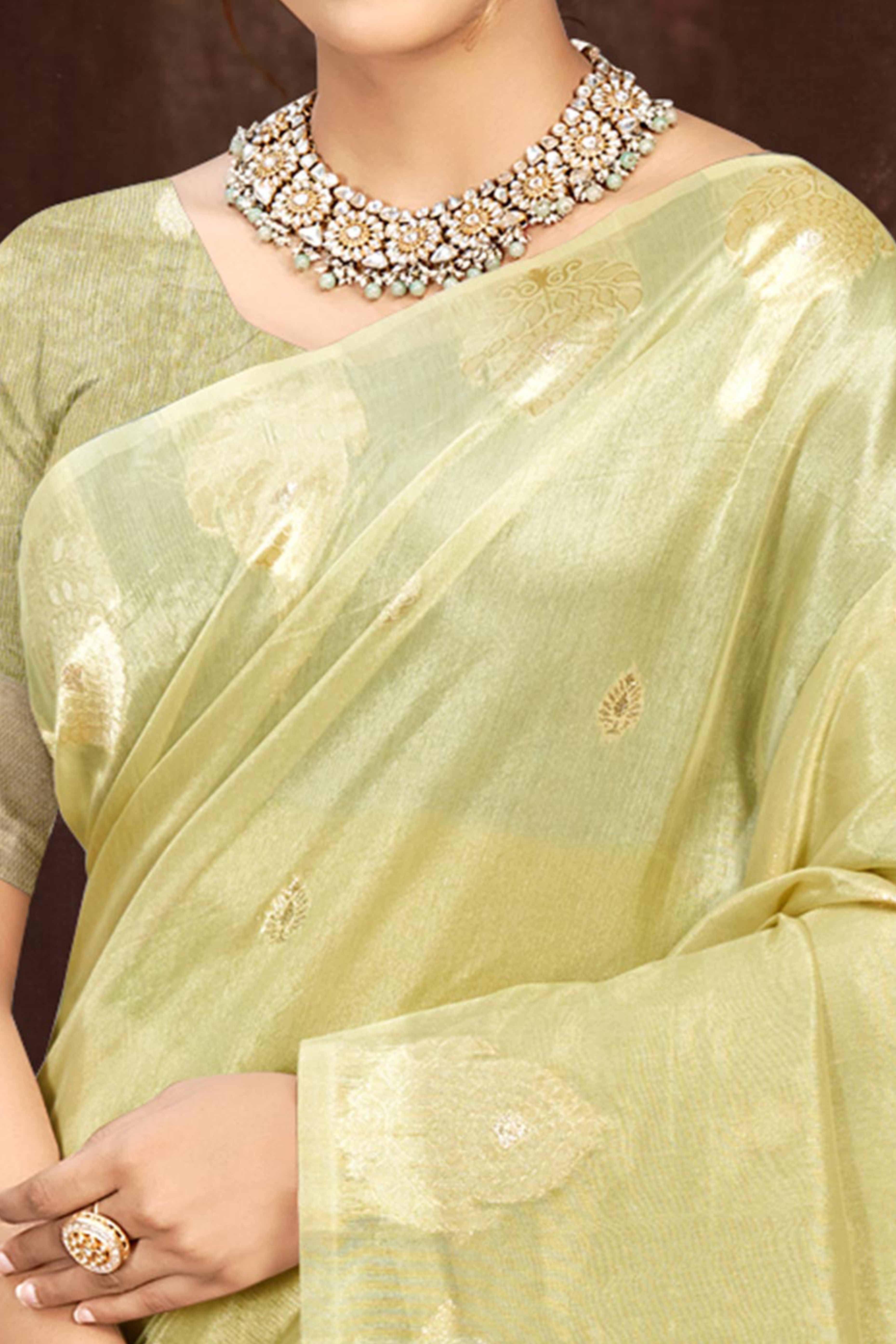 Olive Green Kota Doria Saree with Munga Weave and Zari Accents - Image 2