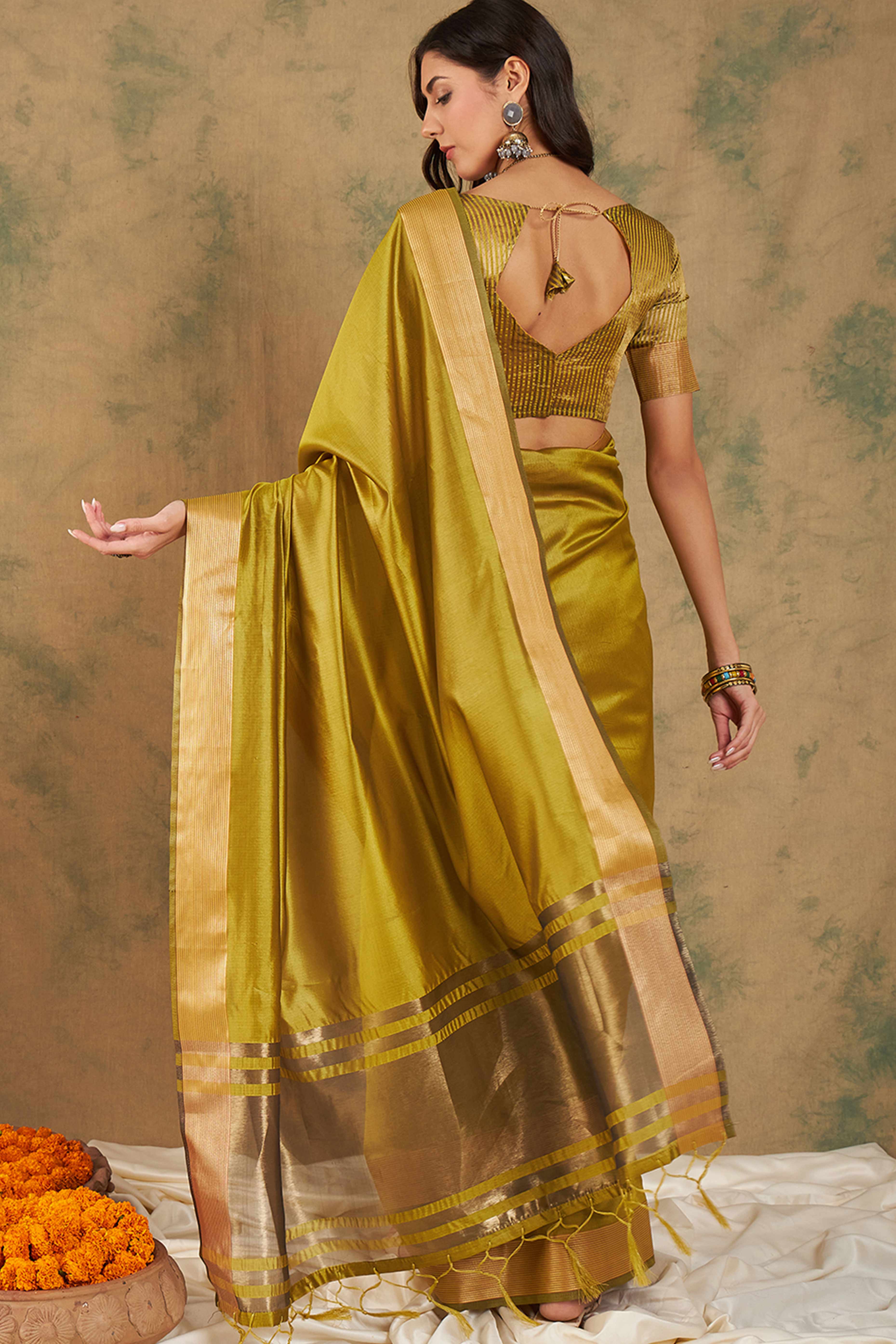 Olive Green Organza Saree In Organza With Delicate Weaving Border And Tassel Details - Image 3