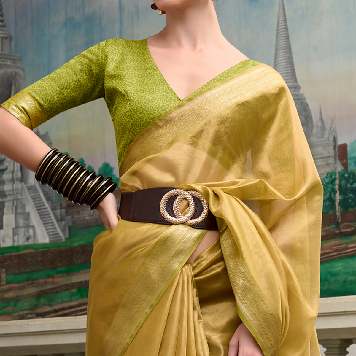 Olive Green Woven Tissue Silk Saree With Tassels - Image 2