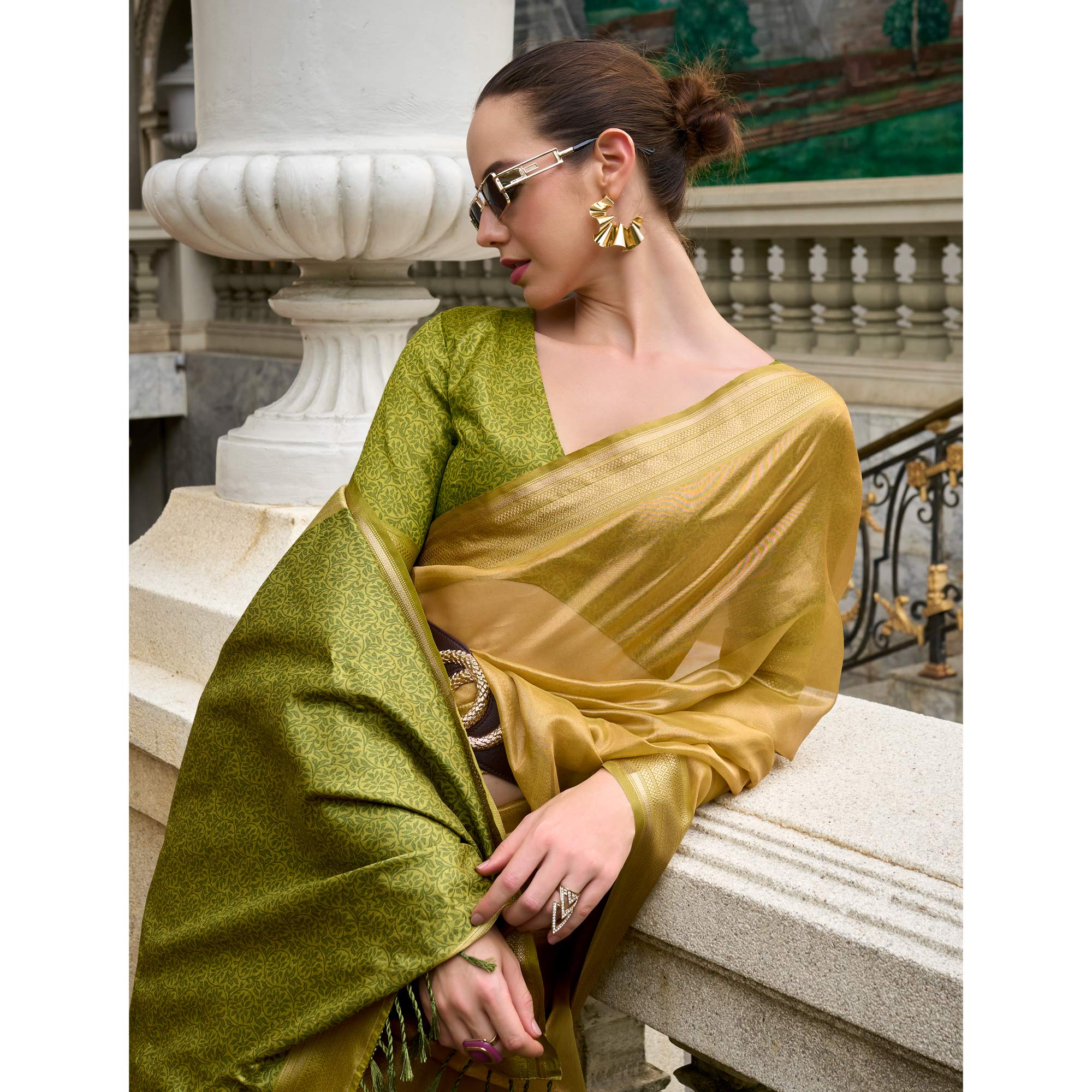 Olive Green Woven Tissue Silk Saree With Tassels - Image 3