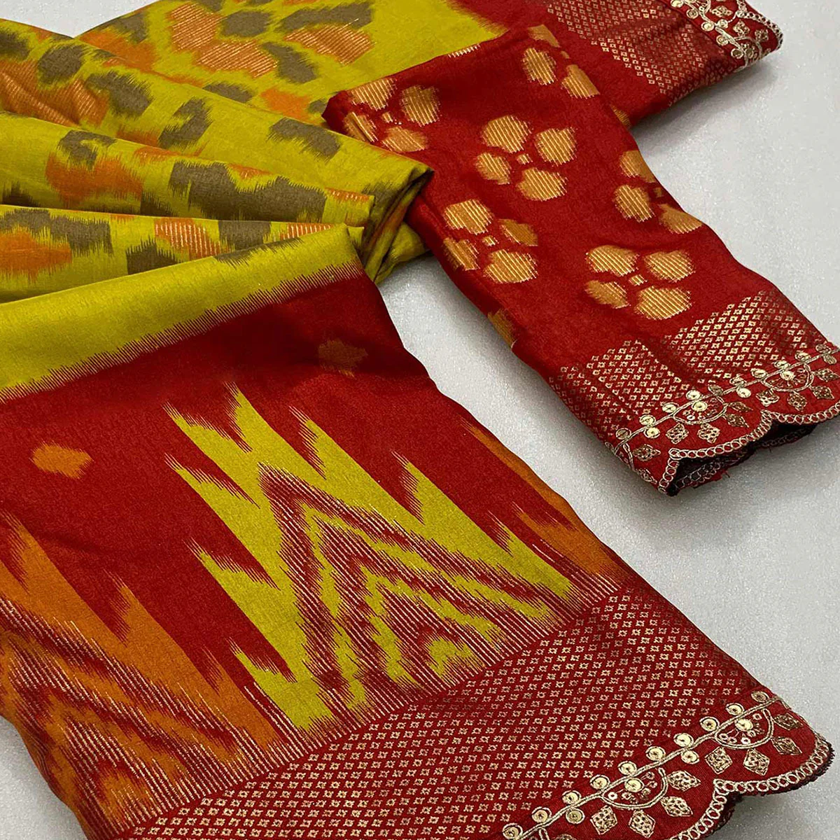 Olive Ikkat Printed Dola Silk Saree With Sequins Embroidery Border - Image 2