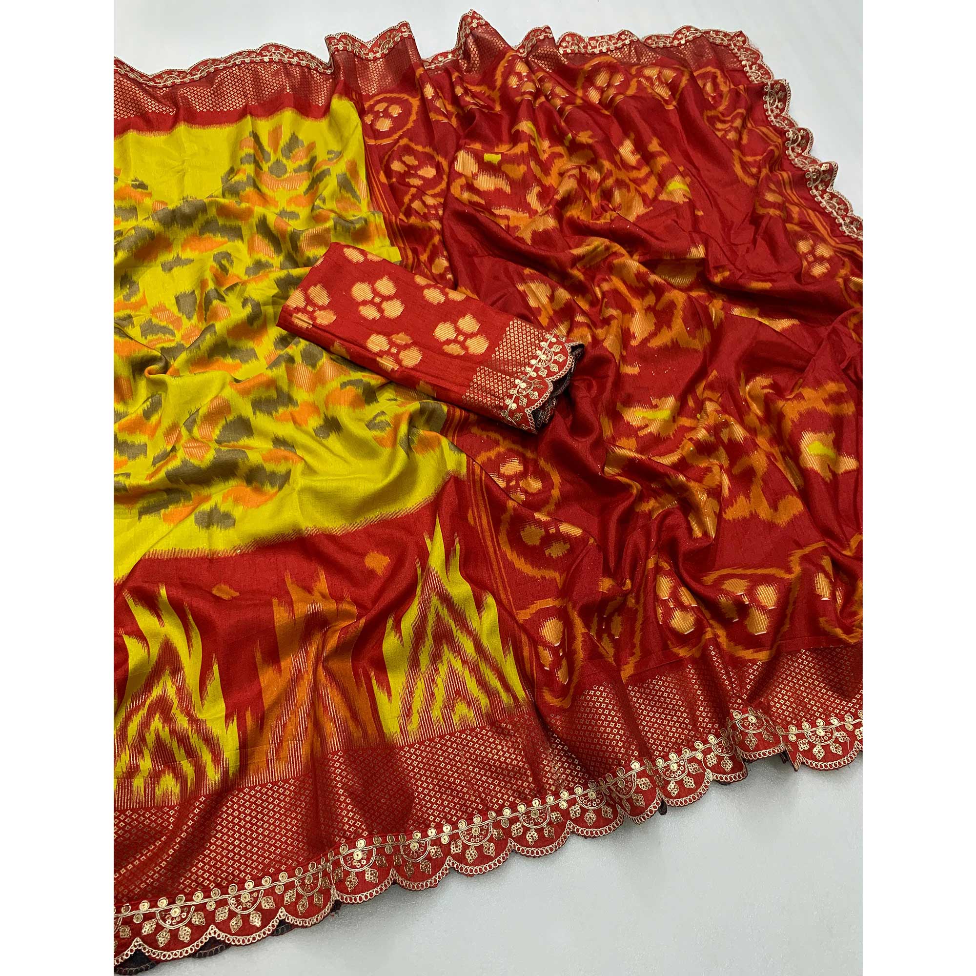 Olive Ikkat Printed Dola Silk Saree With Sequins Embroidery Border - Image 3